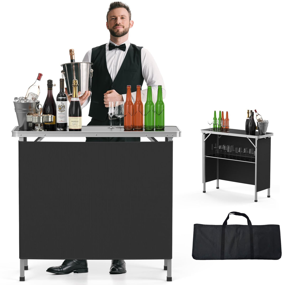 Portable 2-Tier Mobile Bar Table with Black Skirt F719592