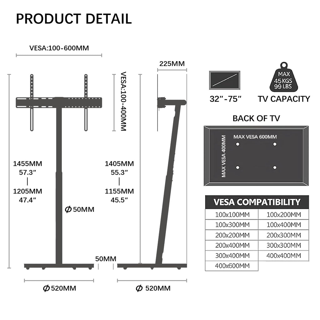 Rolling TV Stand for 32 to 75 Inch TVs F31032