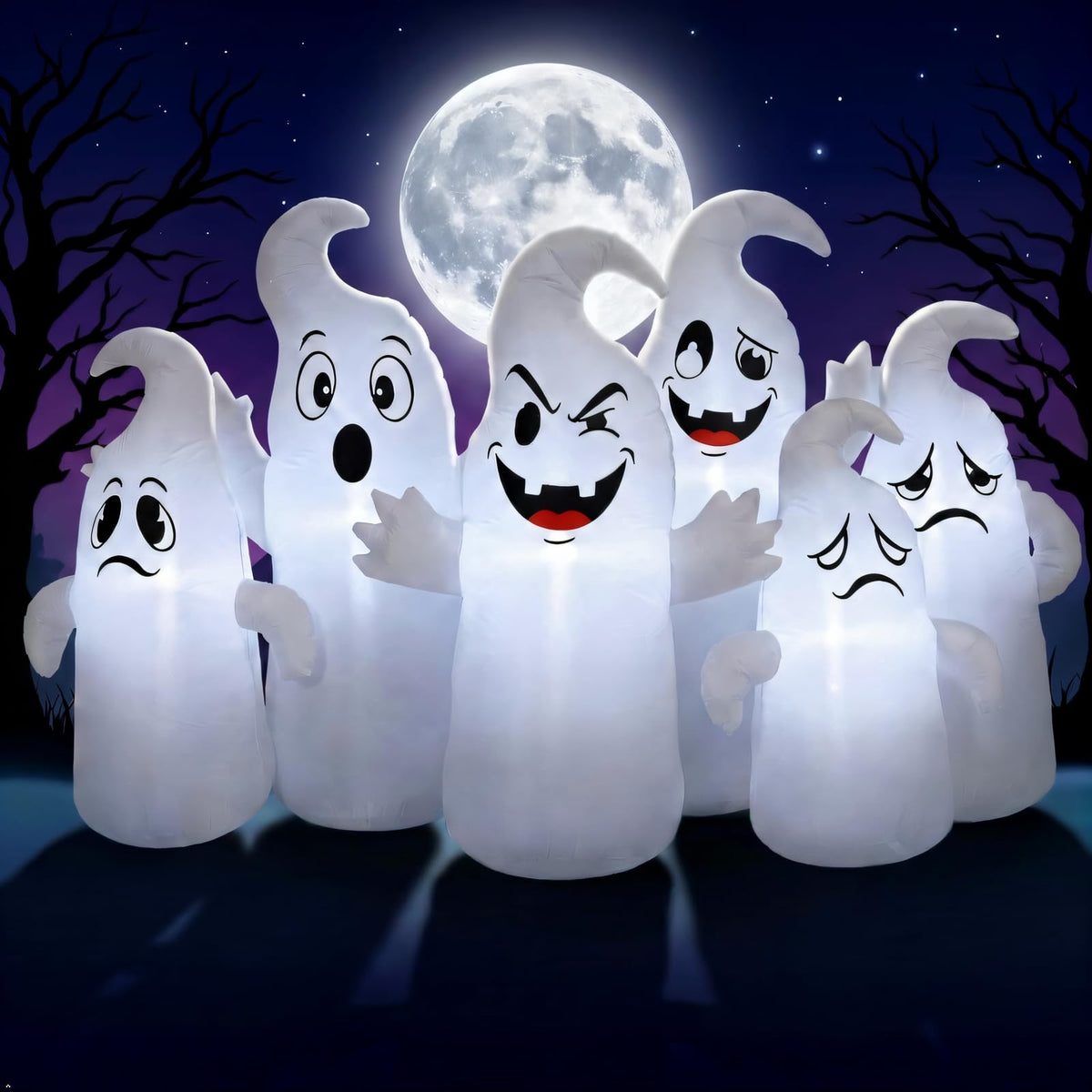 8FT Long Halloween Inflatable 6 Cute Ghosts LED Yard Decoration I964772