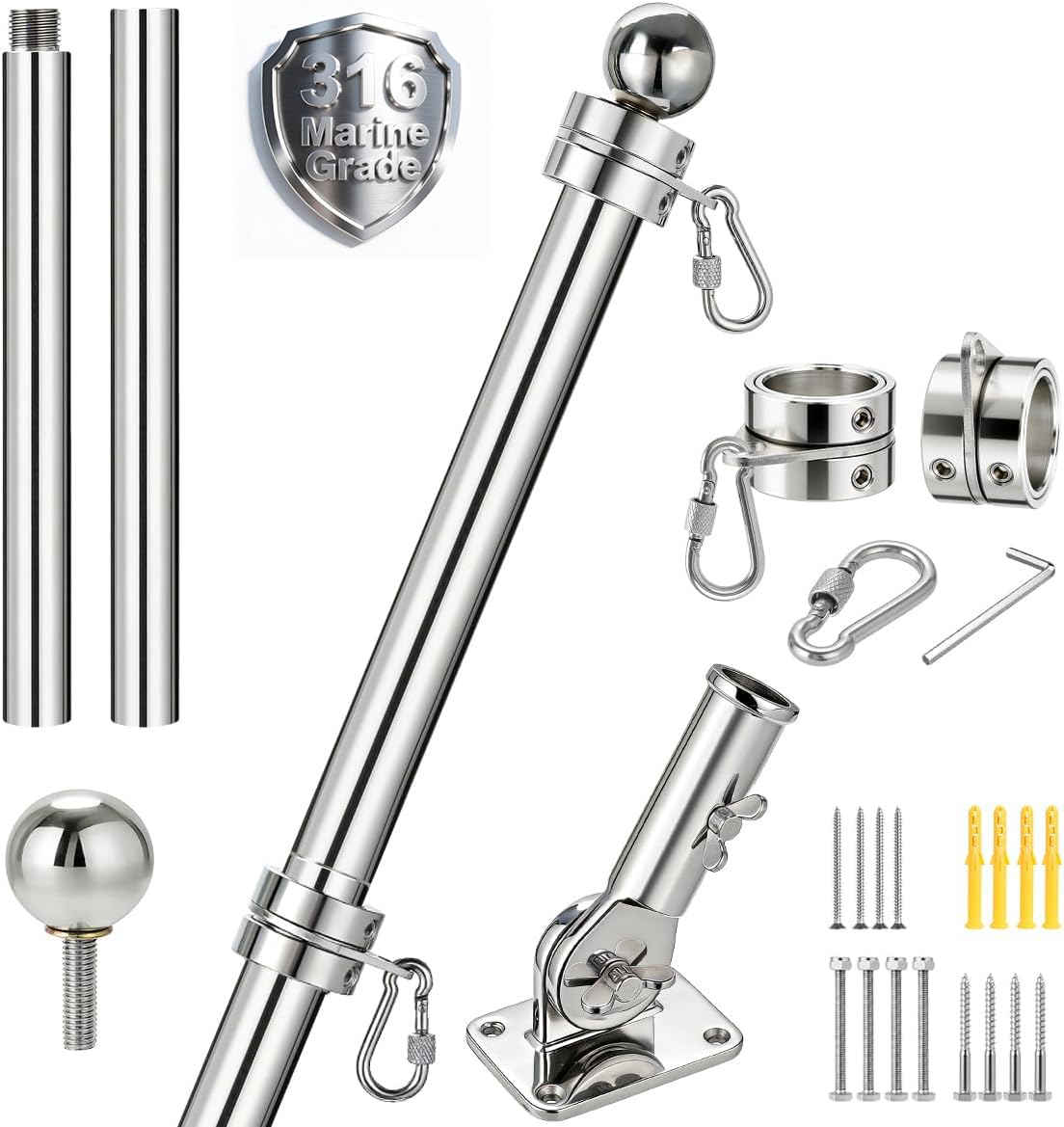 24 Inch 316 Stainless Steel Boat Flag Pole Kit with Mounting Base P3737