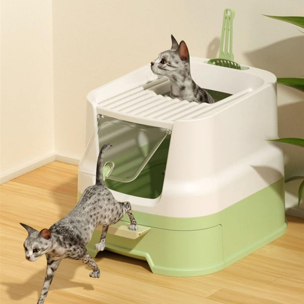 Cat Litter Box with Lid, Top Entry with Scoop, Enclosed Plastic with Drawer J8531