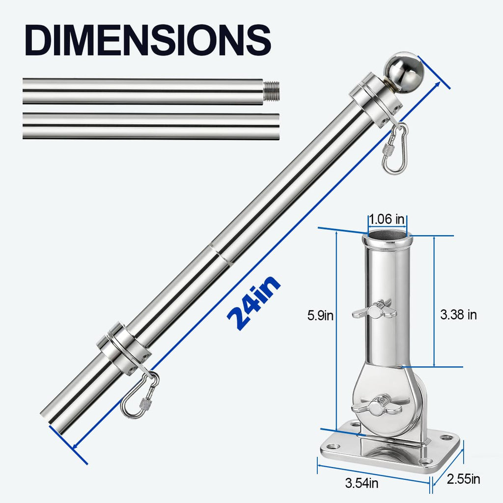 24 Inch 316 Stainless Steel Boat Flag Pole Kit with Mounting Base P3737