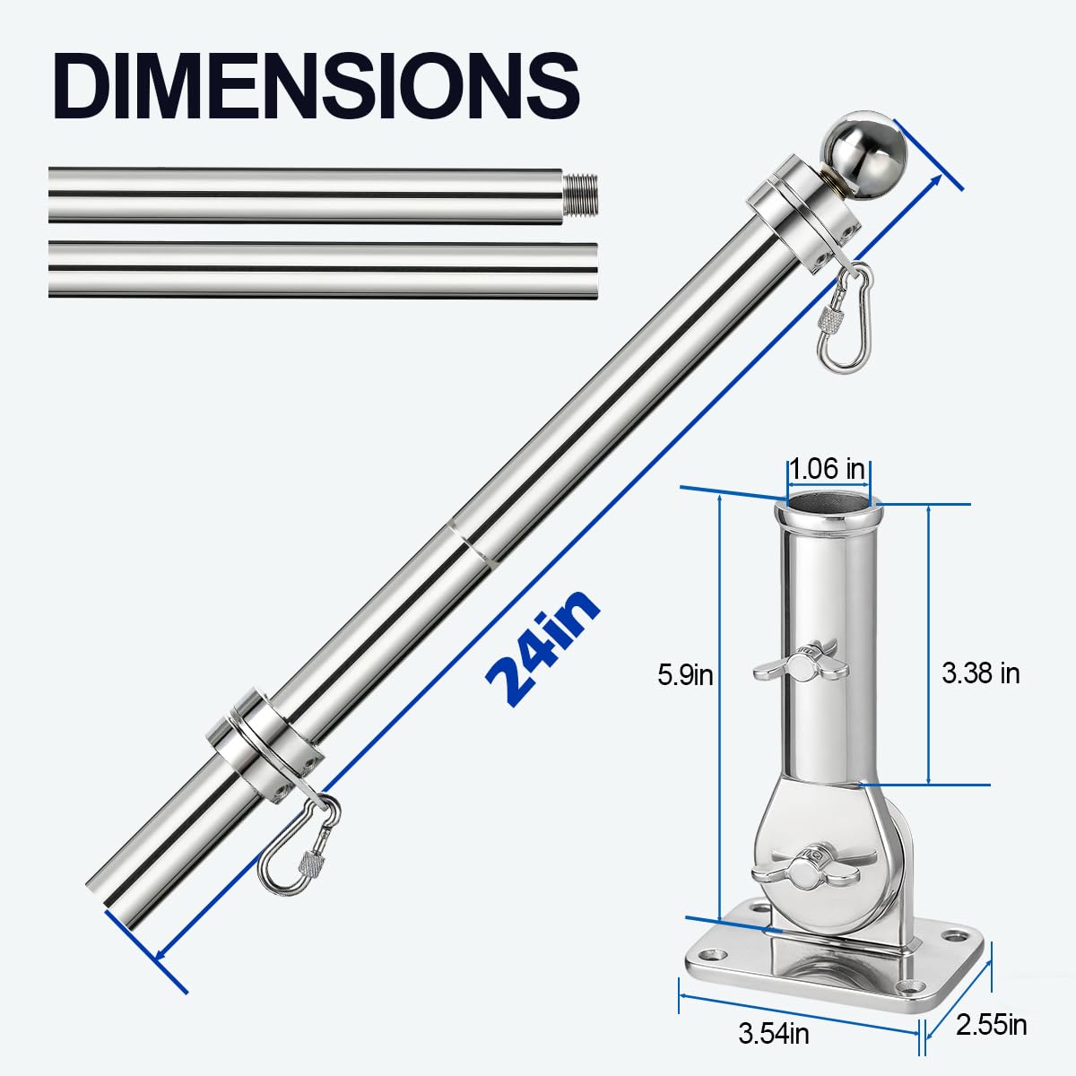 24 Inch 316 Stainless Steel Boat Flag Pole Kit with Mounting Base P3737