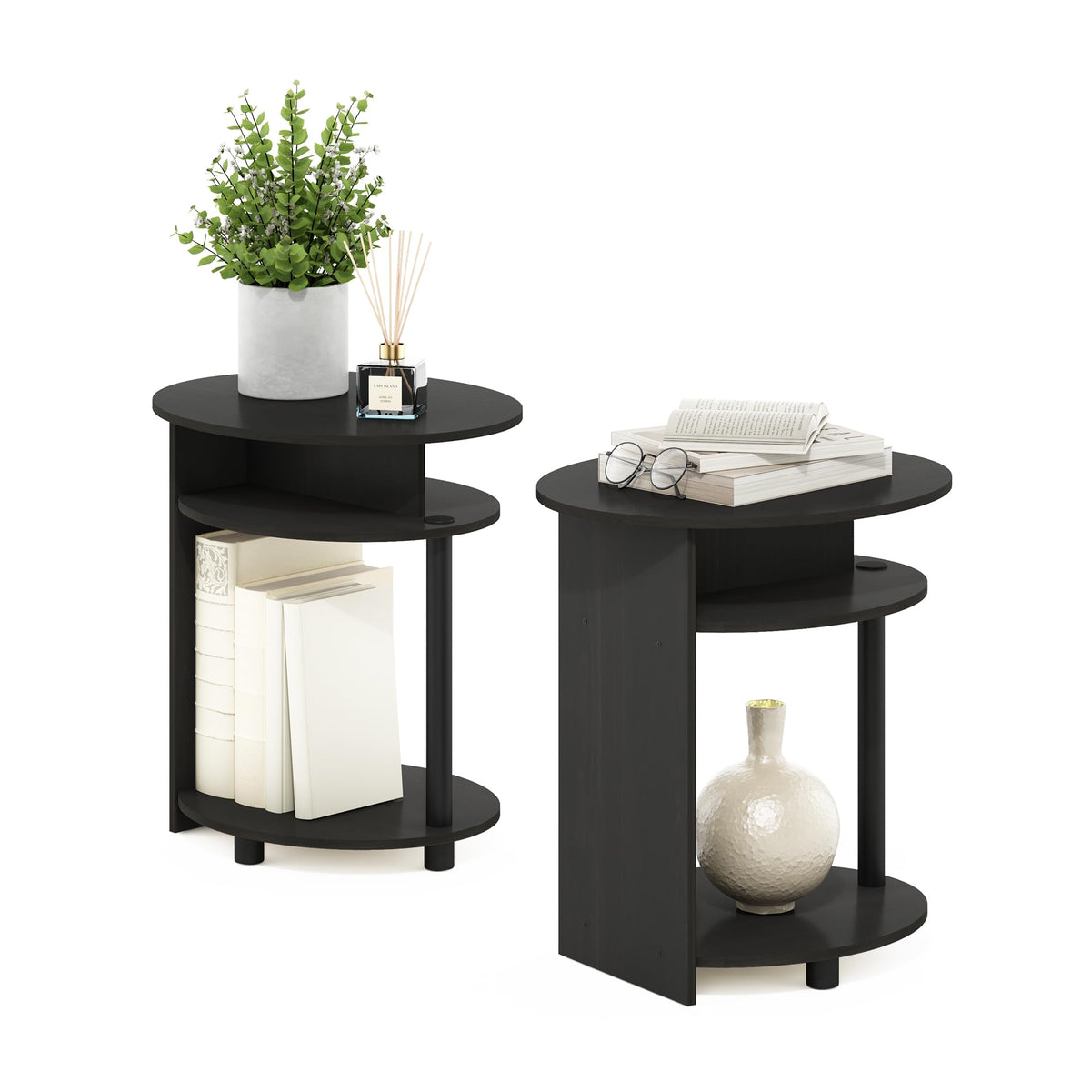 Set of 2 Round End Table with Oval Tabletop and Open Shelf, Walnut H431494