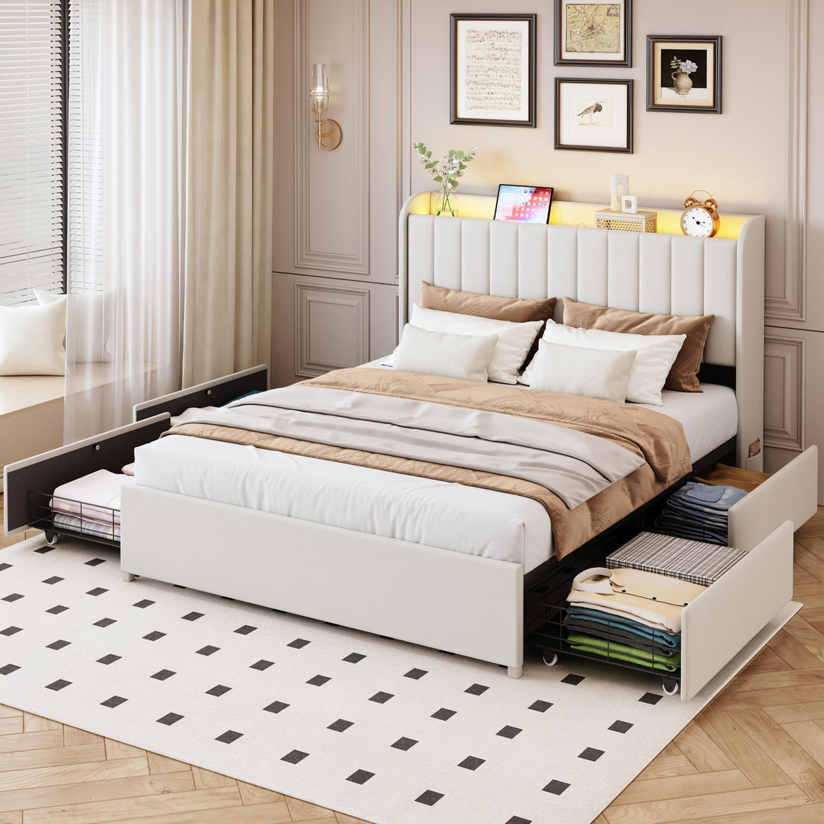 Beige Upholstered Full Size Bed Frame with 4 Drawers and Storage Headboard X40619