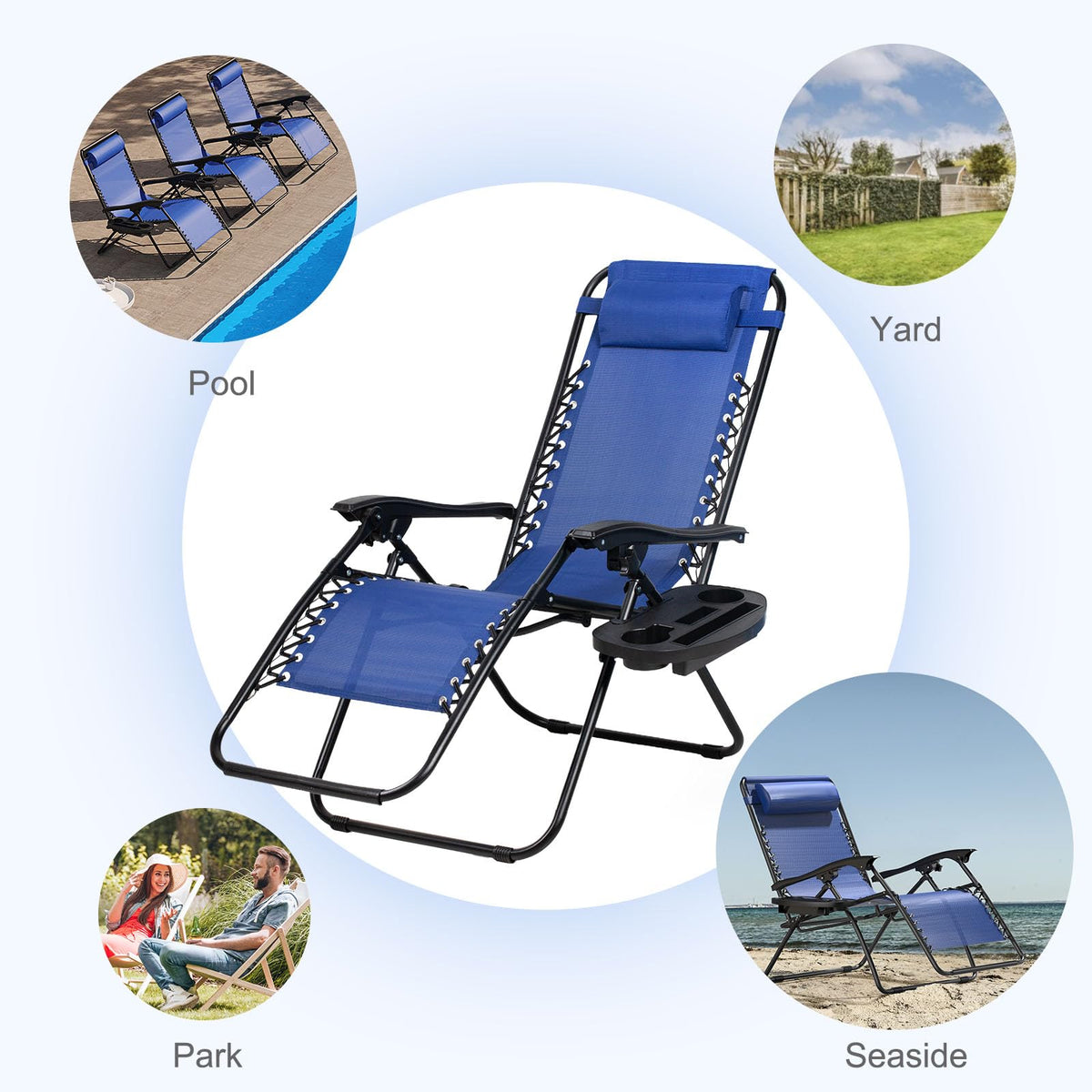 Set of 2 Adjustable Steel Mesh Zero Gravity Lounge Chairs with Pillow and Cup Holder F839630