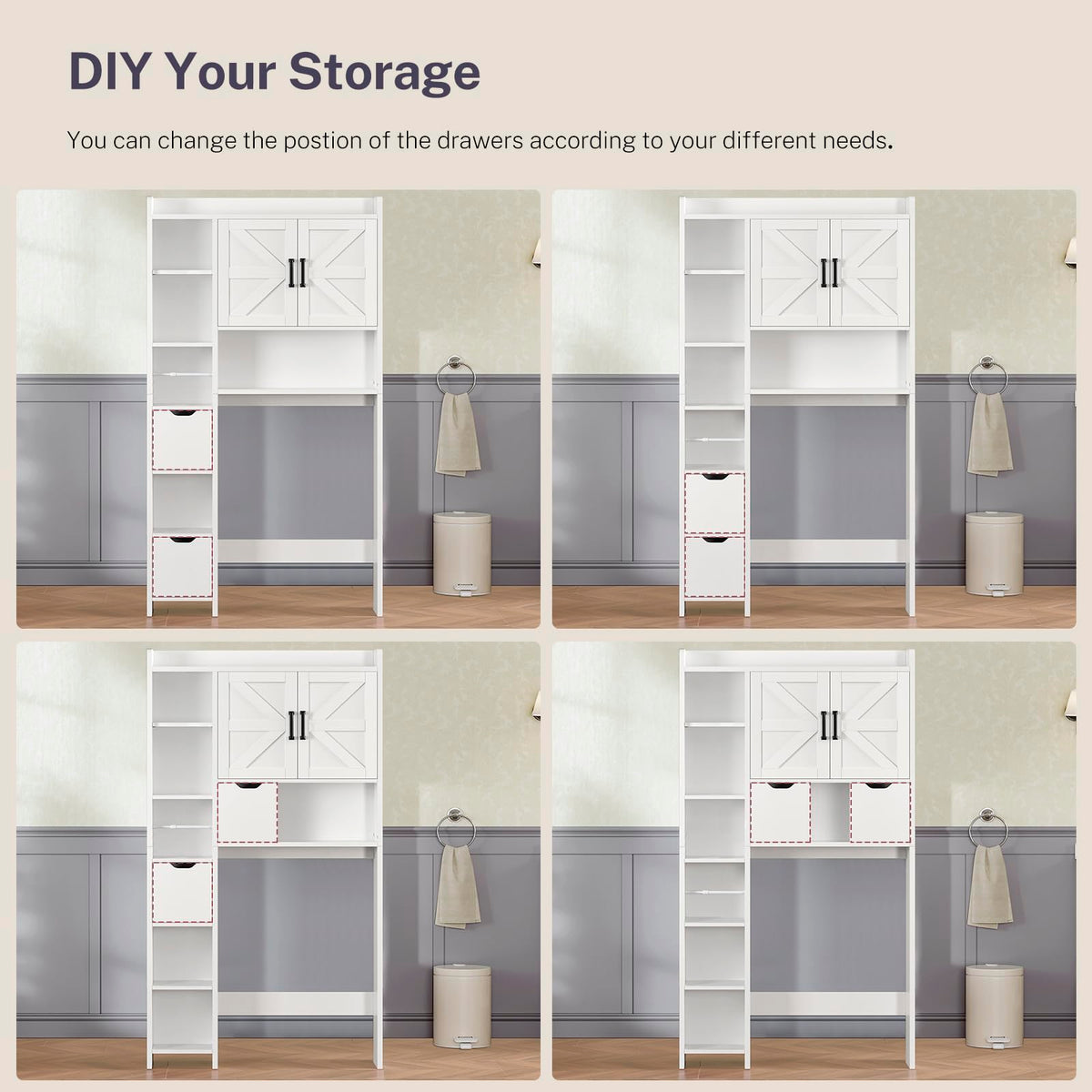 White Over the Toilet Storage Cabinet with 2 Removable Drawers D368