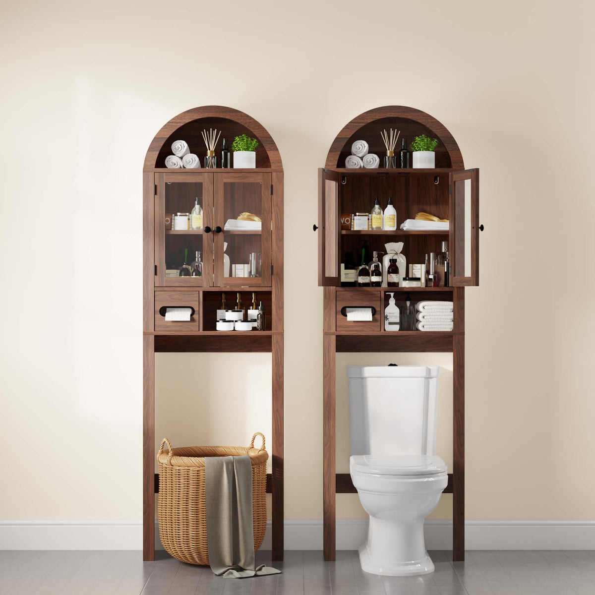 Arched Over the Toilet Storage Cabinet with Tempered Glass Doors E812873