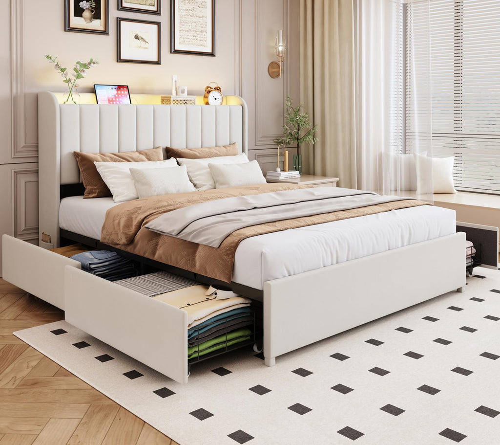 Beige Upholstered Full Size Bed Frame with 4 Drawers and Storage Headboard X40619