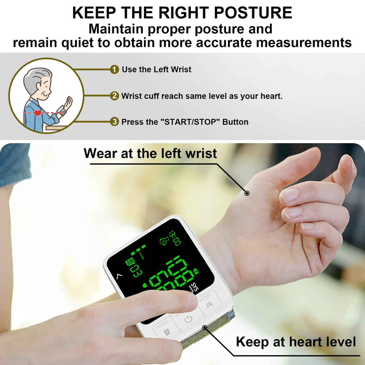 Wrist Blood Pressure Monitor with 2 Users Memory LCD Display P250374