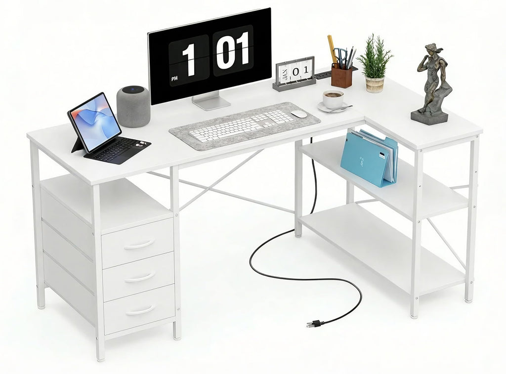 White 47 Inch L Shaped Gaming Desk with 3 Drawers and Shelves P5466