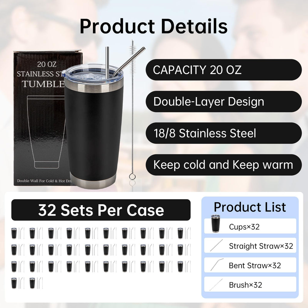 32 Pack 20oz Stainless Steel Insulated Tumblers with Lid & Straw S7548