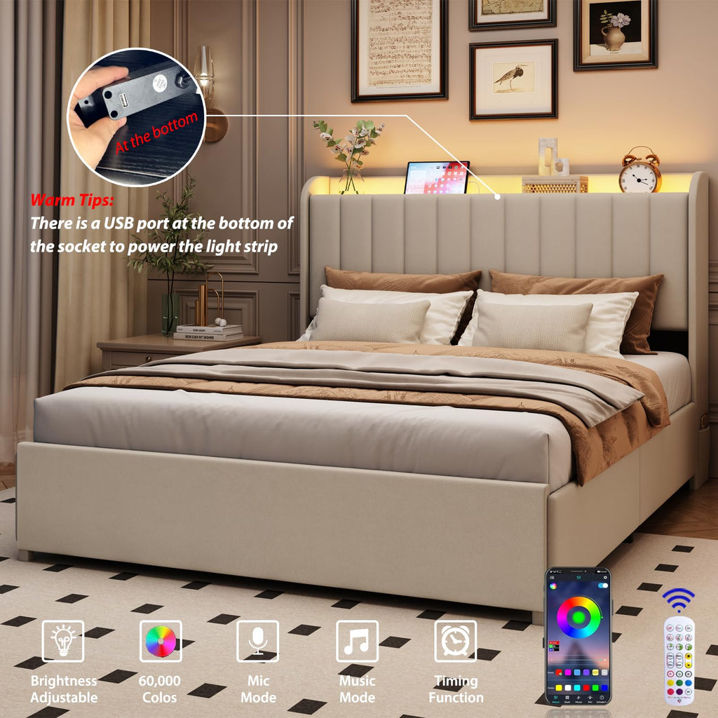 Beige Upholstered Full Size Bed Frame with 4 Drawers and Storage Headboard X40619