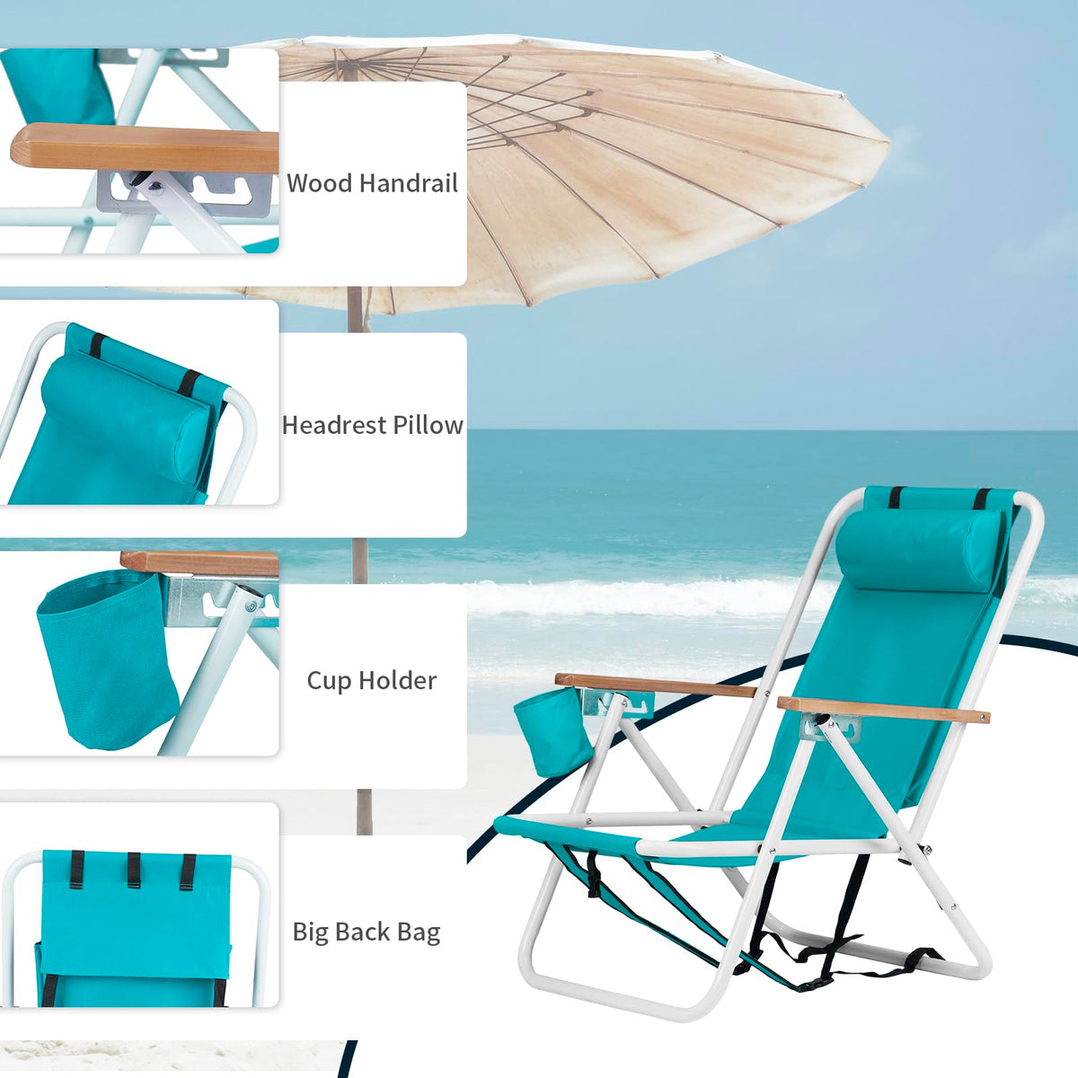 Set of 2 Folding Backpack Beach Chairs with Cup Holder (Green) K884