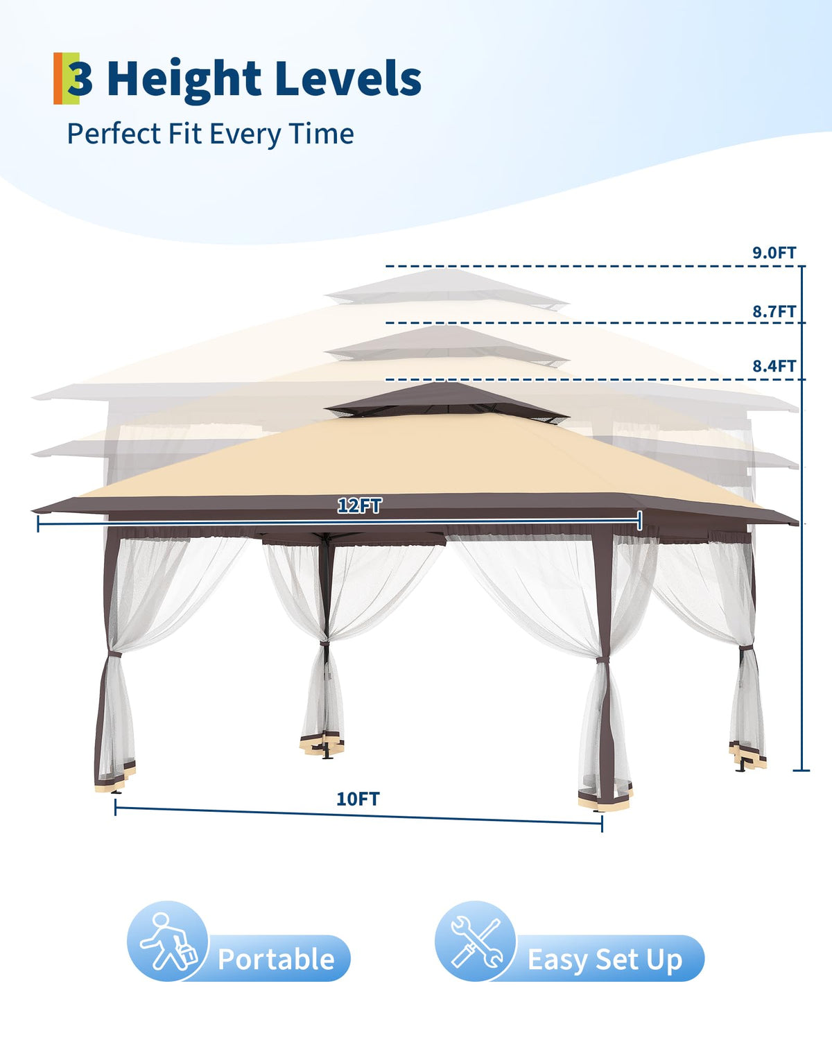 12x12FT Pop Up Gazebo with Mosquito Netting, Khaki & Coffee X55325