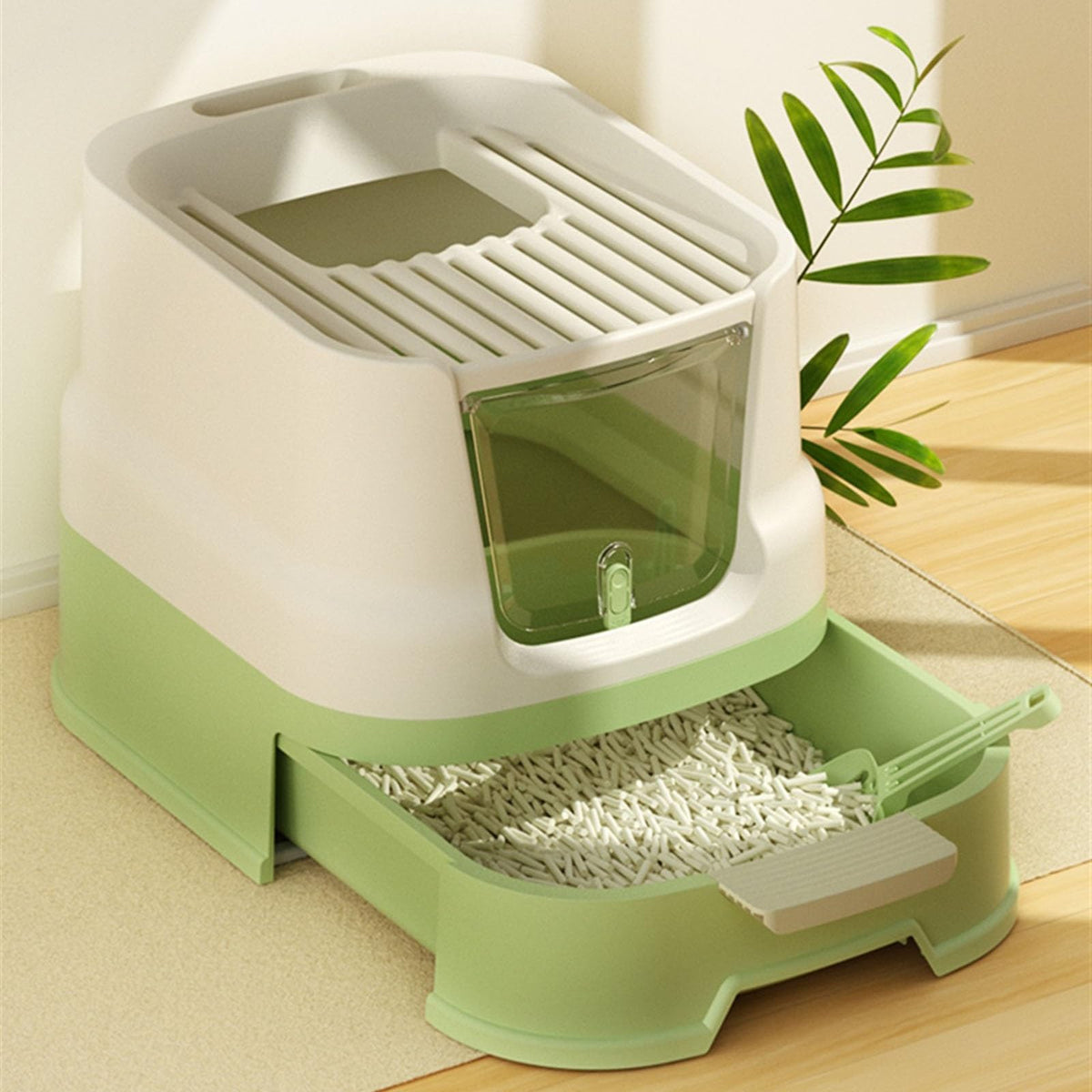 Cat Litter Box with Lid, Top Entry with Scoop, Enclosed Plastic with Drawer J8531