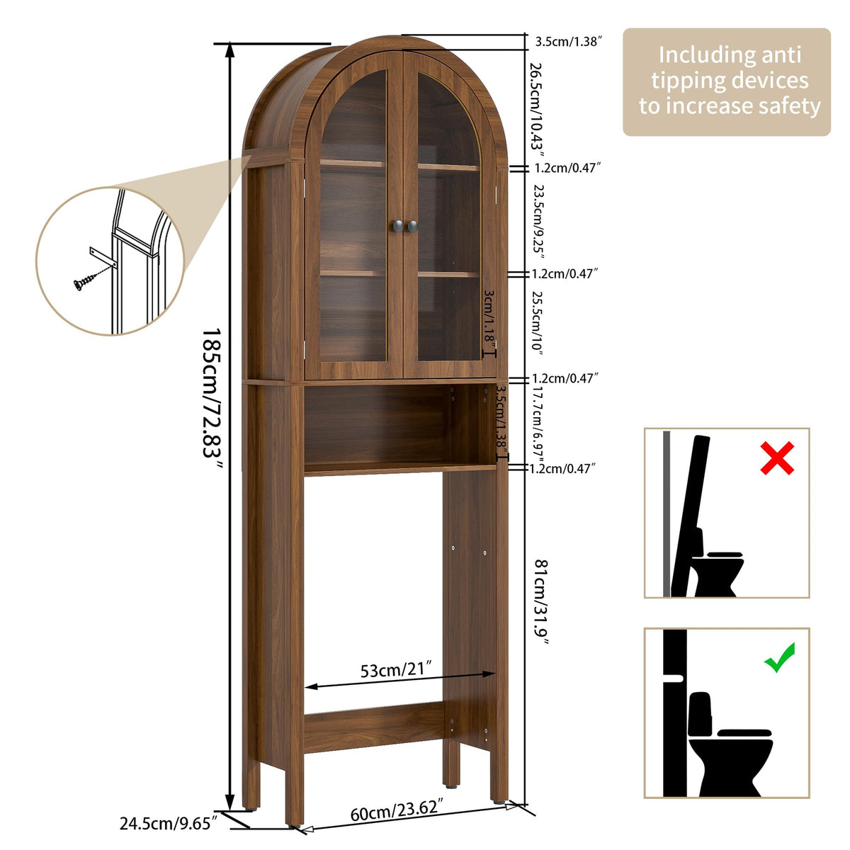 Arched Over The Toilet Storage Cabinet with Acrylic Doors Y90995
