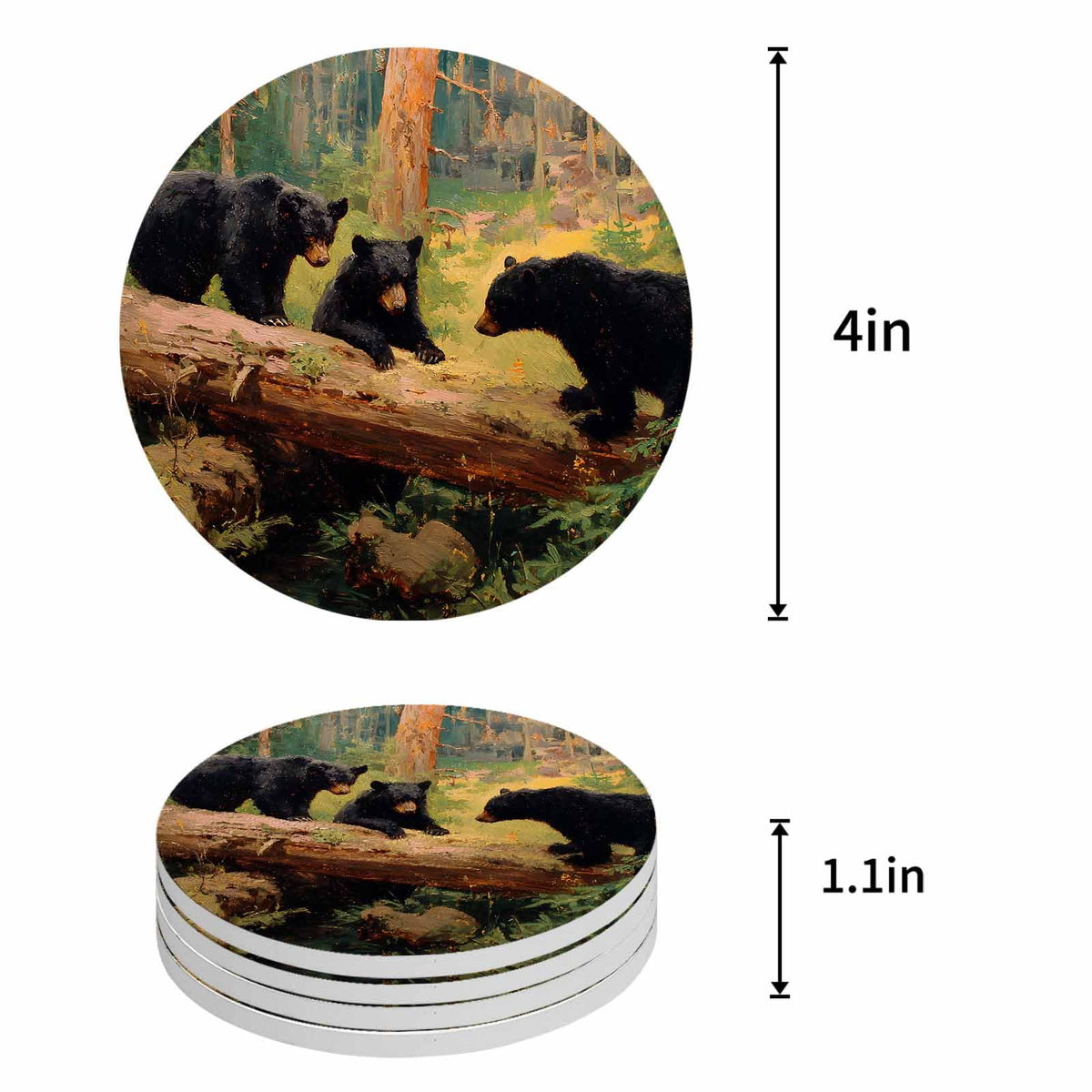 Set of 8 Rustic Black Bears Absorbent Ceramic Coaster with Cork Base O19767