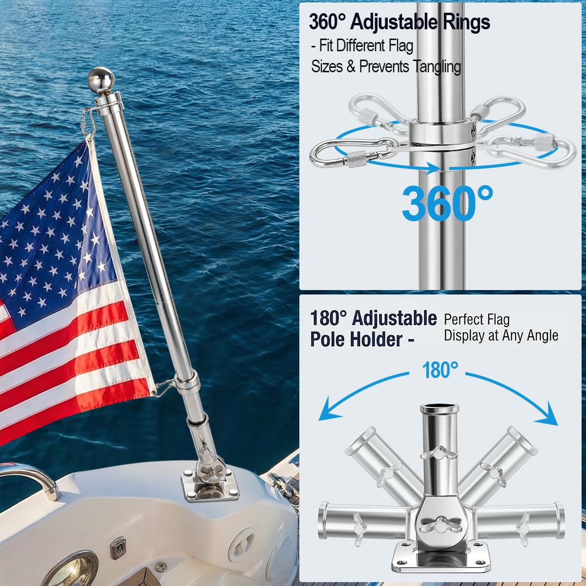 24 Inch 316 Stainless Steel Boat Flag Pole Kit with Mounting Base P3737