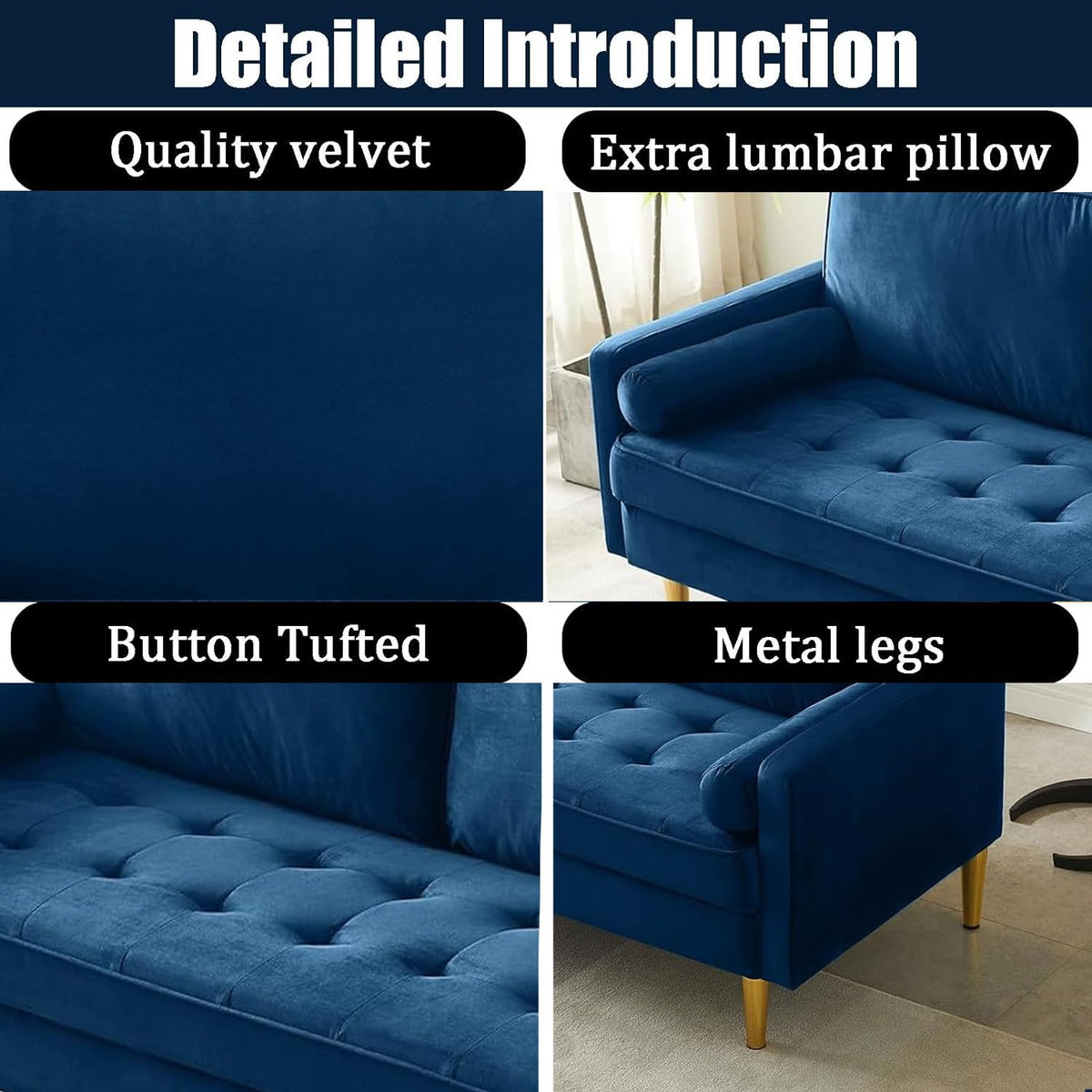 Navy Velvet 2-Seater Loveseat Sofa with Metal Legs G488294