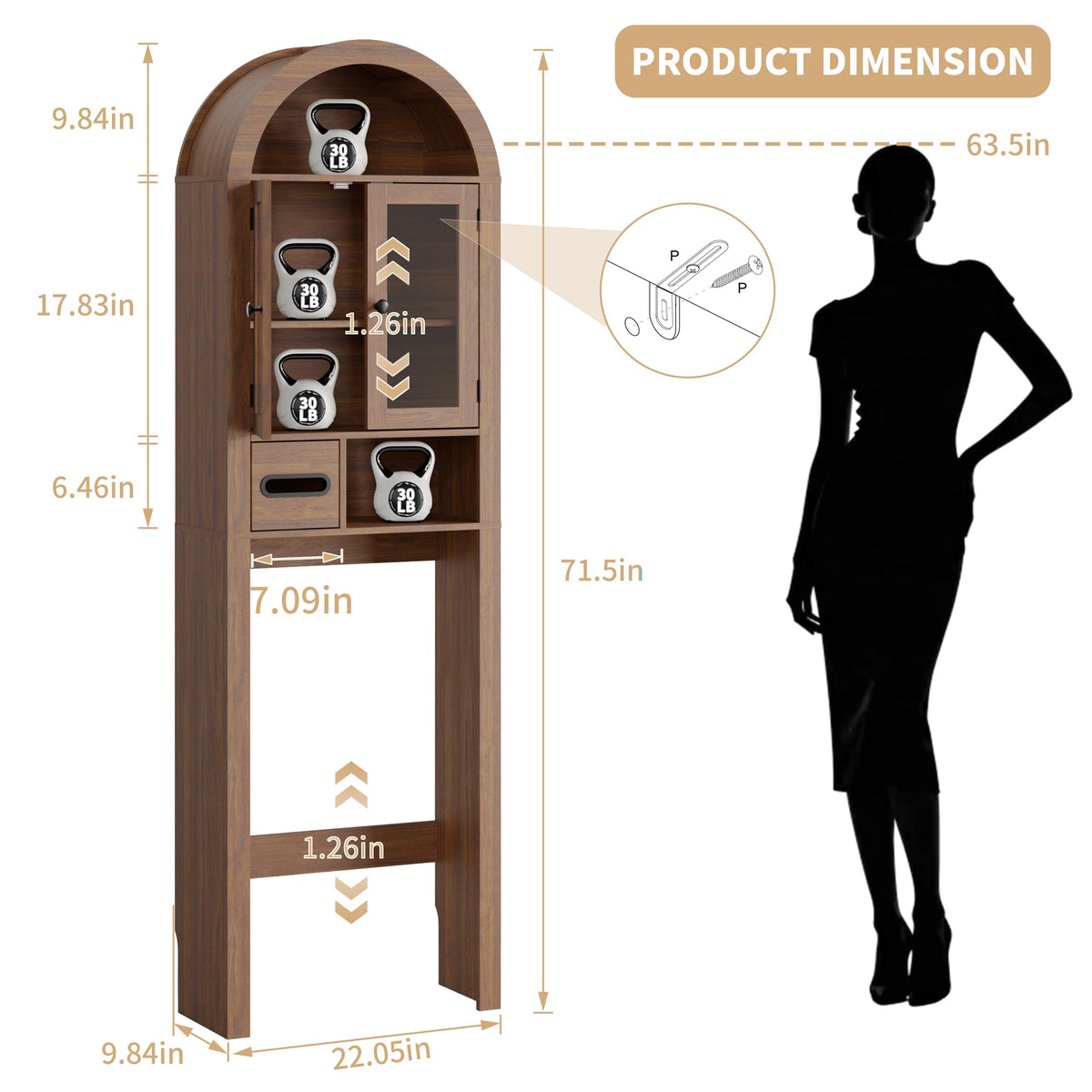 Arched Over the Toilet Storage Cabinet with Tempered Glass Doors E812873