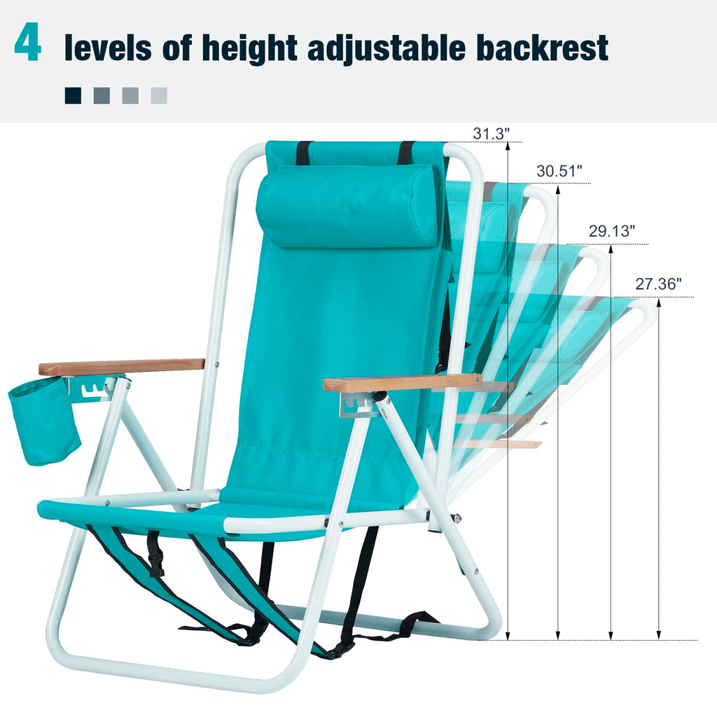 Set of 2 Folding Backpack Beach Chairs with Cup Holder (Green) K884