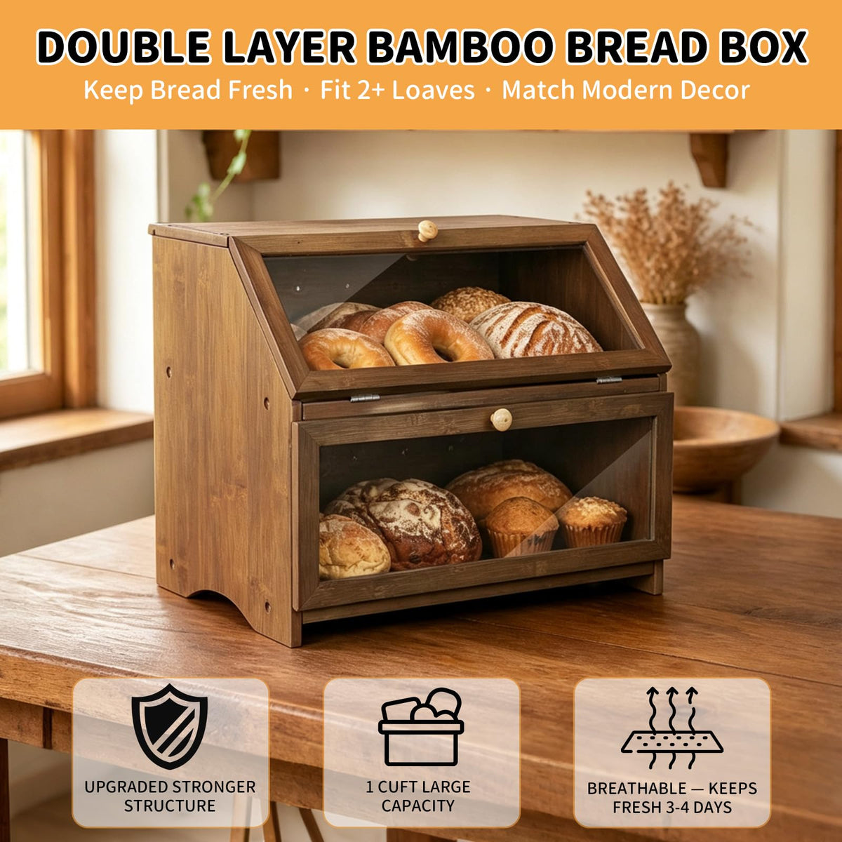 Double Layer Wooden Bread Box F6870
