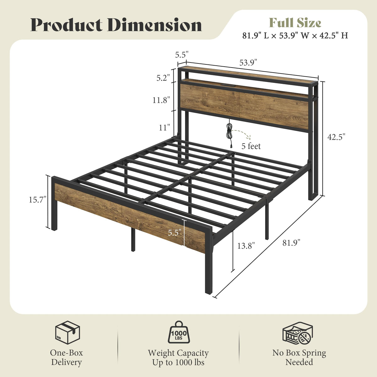 Full Size Metal Bed Frame with Charging Station H355473