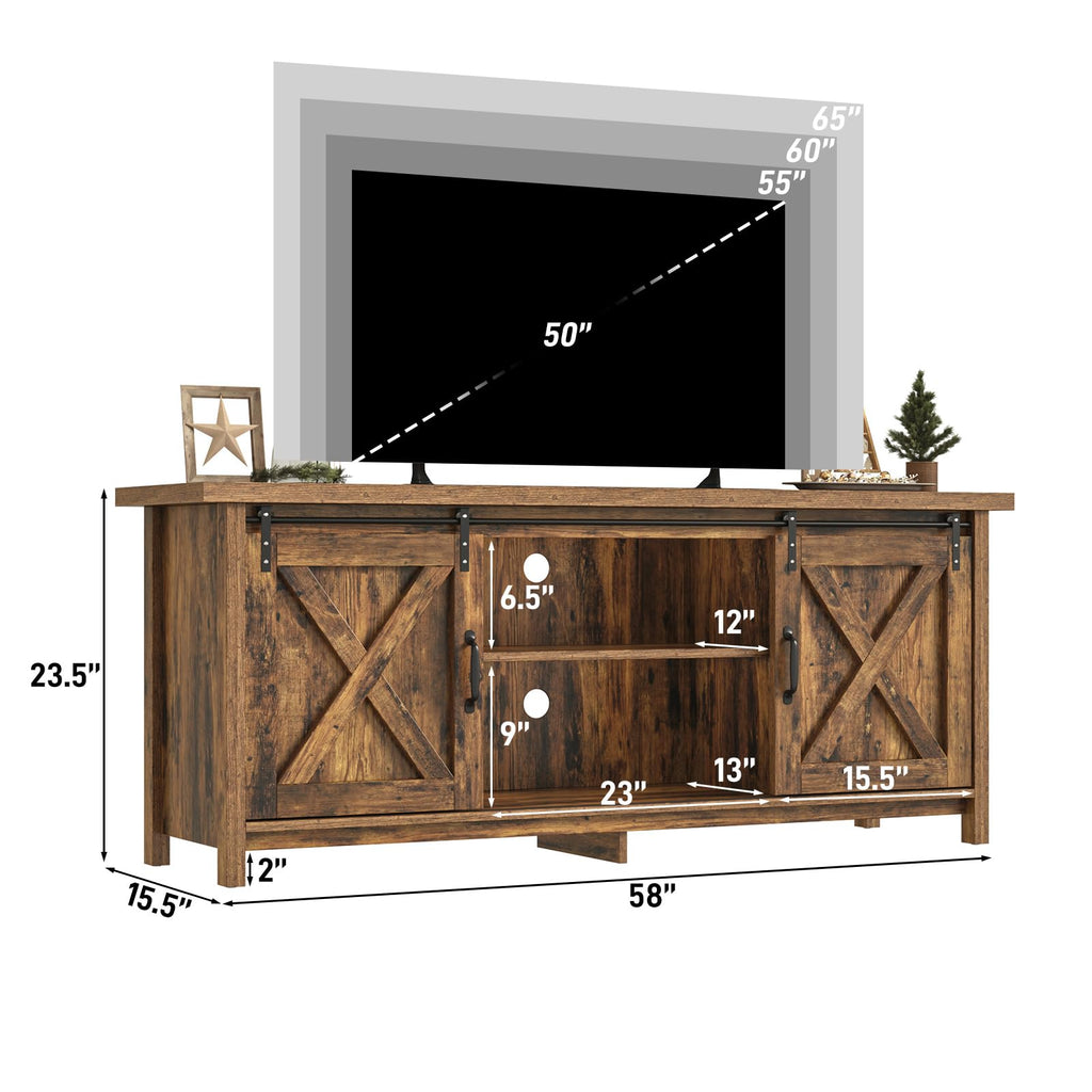 65 Inch Brown Wood TV Stand with Sliding Barn Door H26024