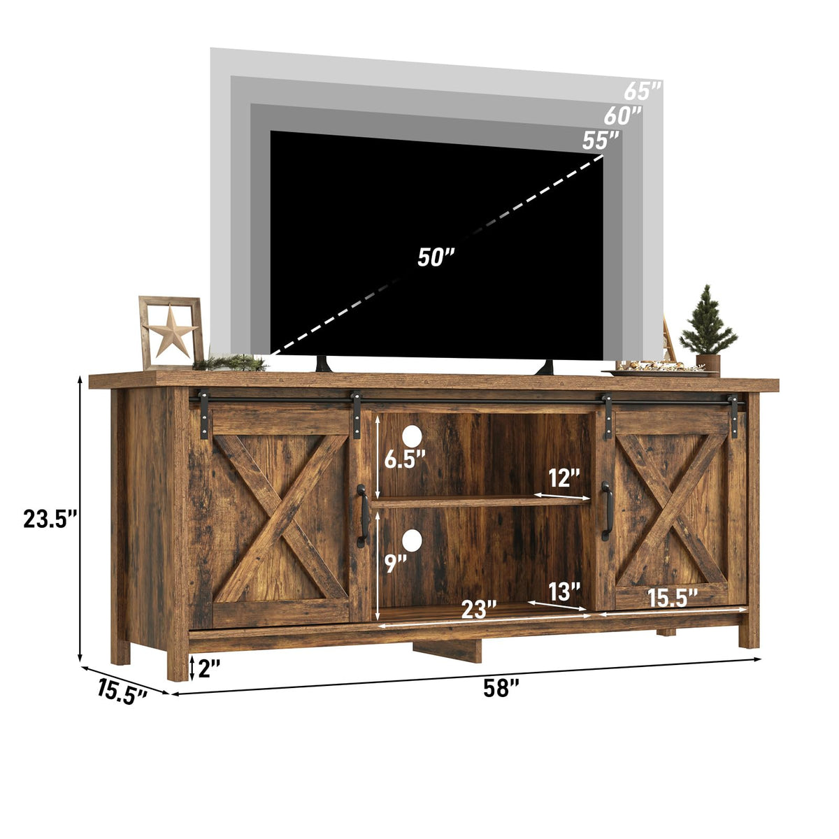 65 Inch Brown Wood TV Stand with Sliding Barn Door H26024