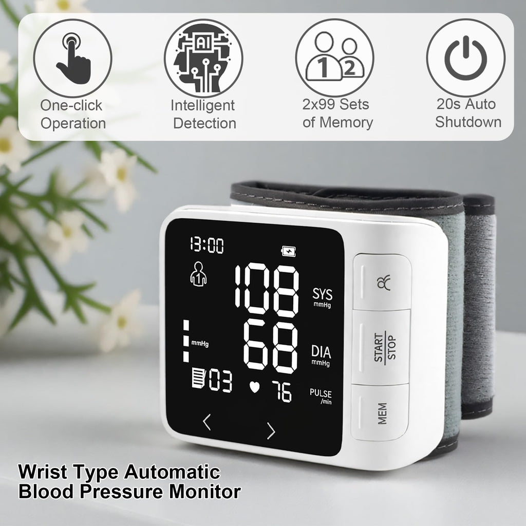 Wrist Blood Pressure Monitor with 2 Users Memory LCD Display P250374