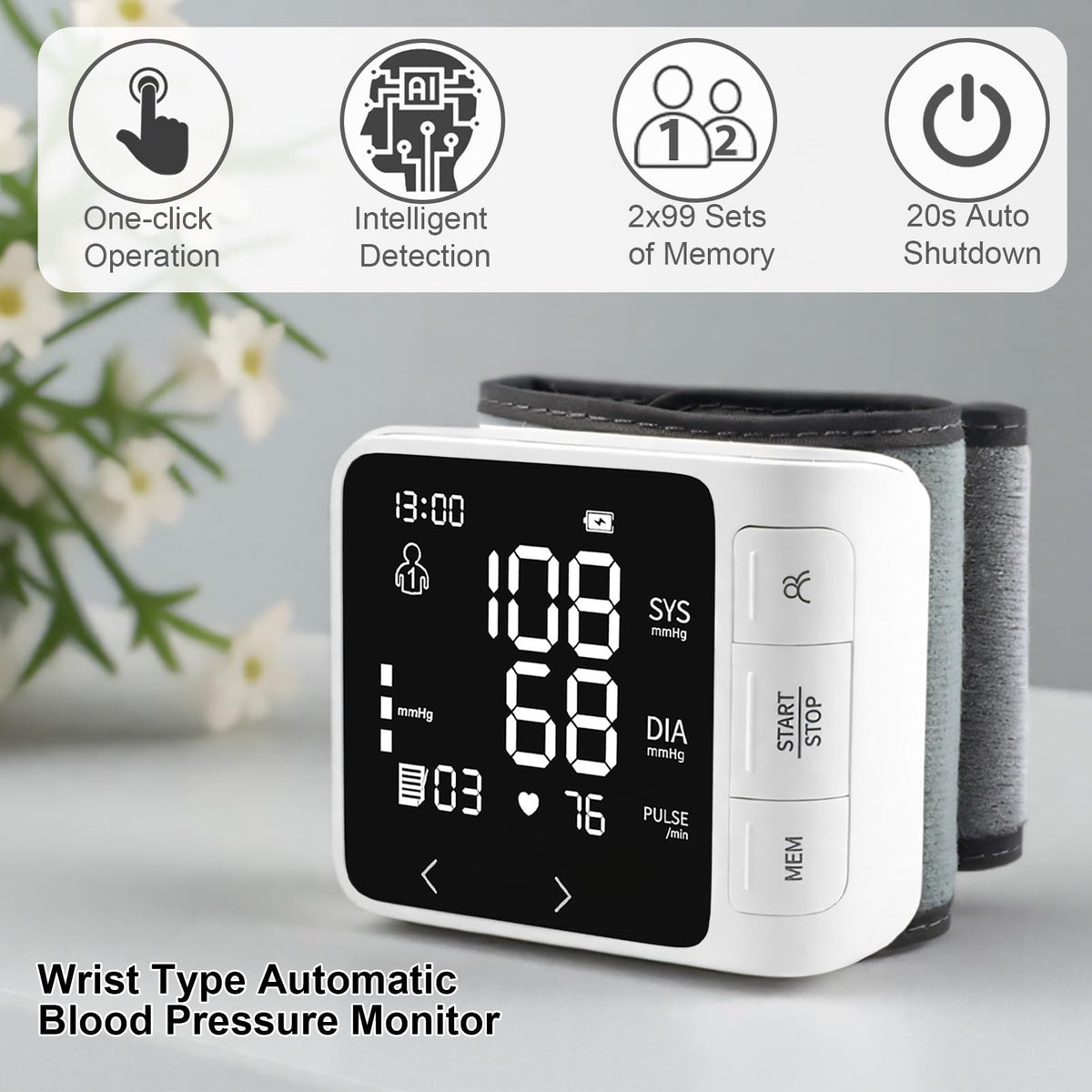 Wrist Blood Pressure Monitor with 2 Users Memory LCD Display P250374