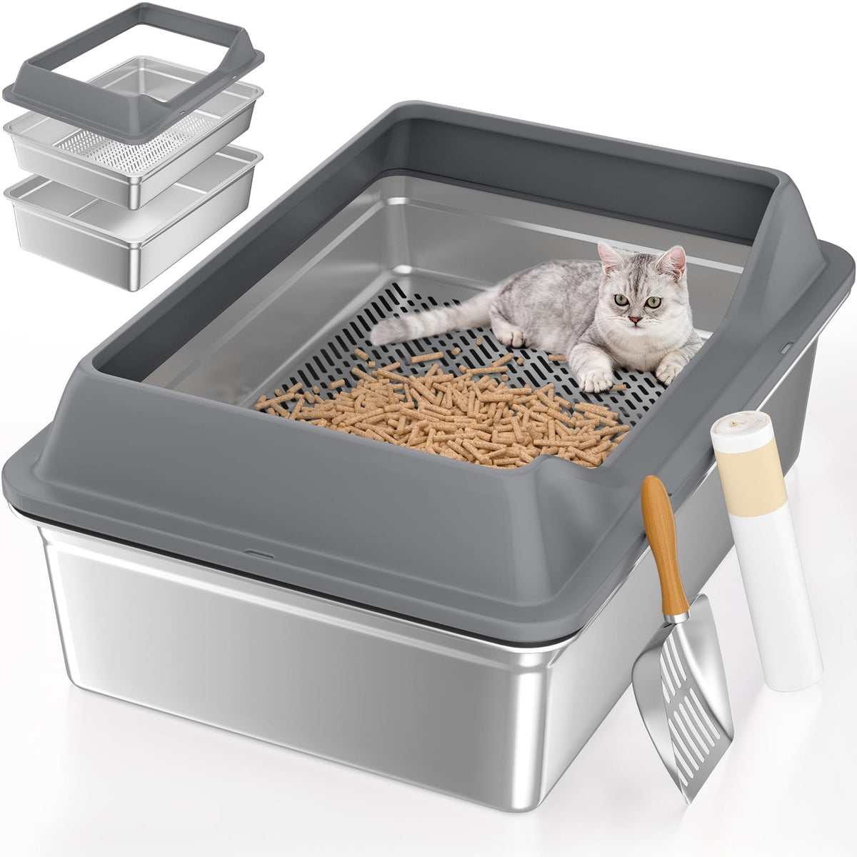 XXXL Stainless Steel Sifting Litter Box with Lid X72354