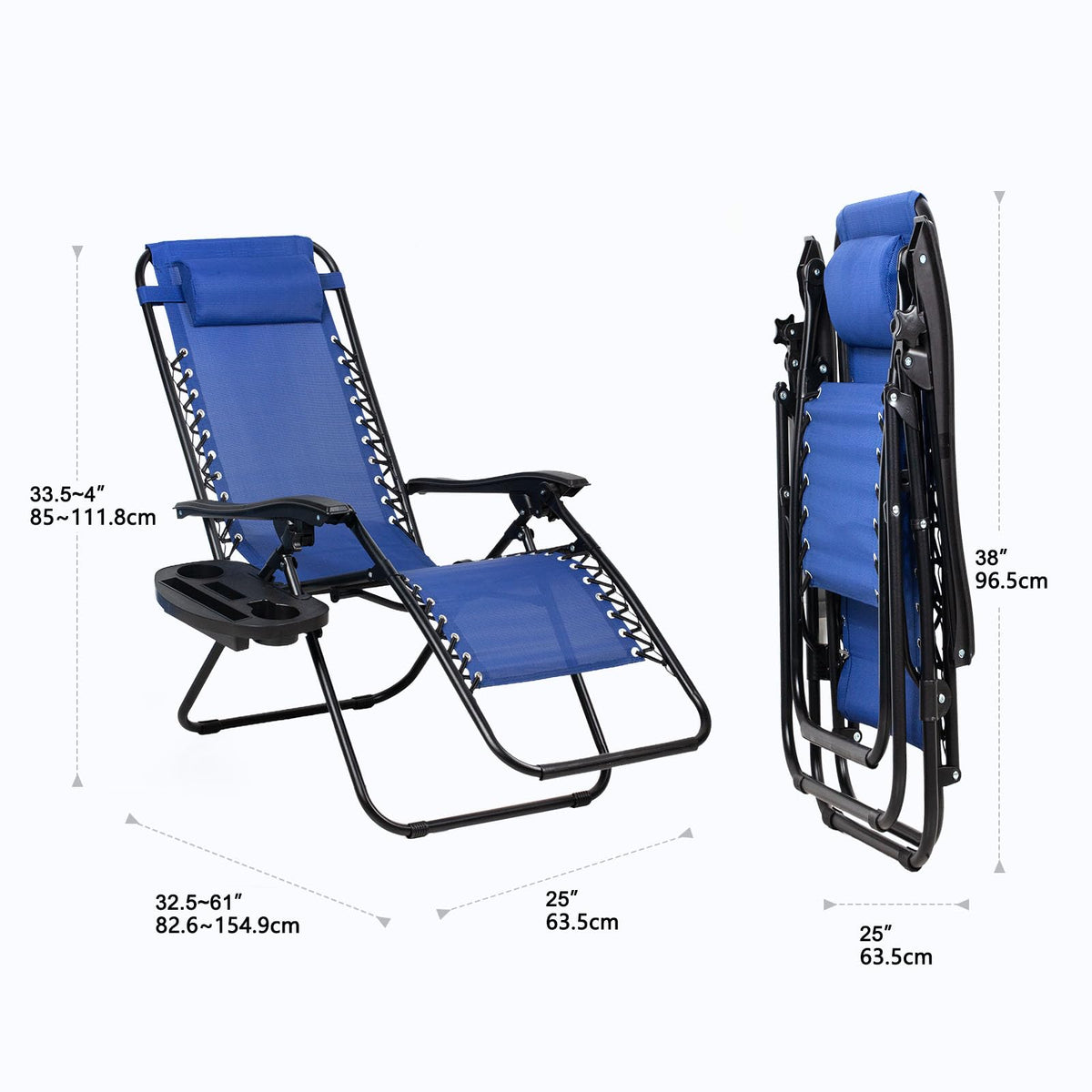 Set of 2 Adjustable Steel Mesh Zero Gravity Lounge Chairs with Pillow and Cup Holder F839630