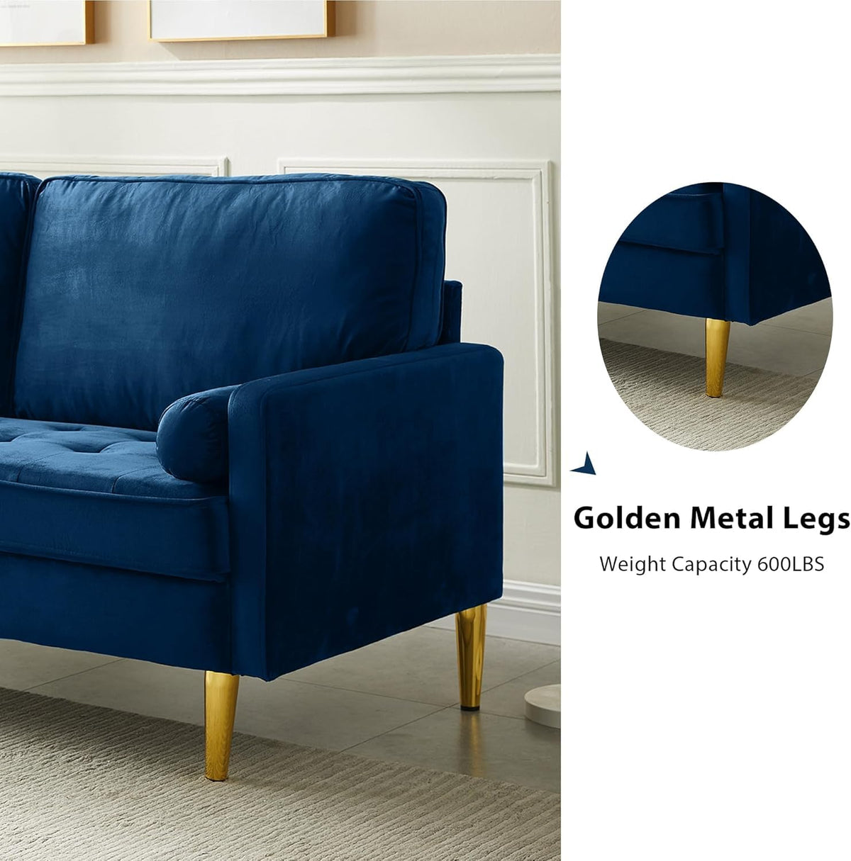 Navy Velvet 2-Seater Loveseat Sofa with Metal Legs G488294