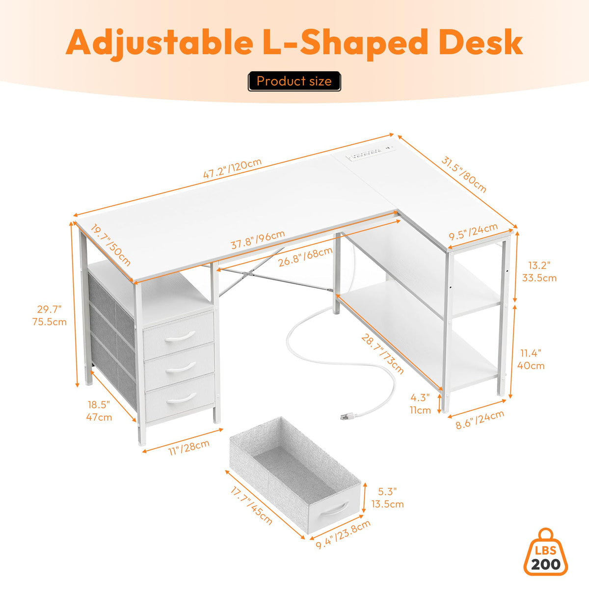 White 47 Inch L Shaped Gaming Desk with 3 Drawers and Shelves P5466