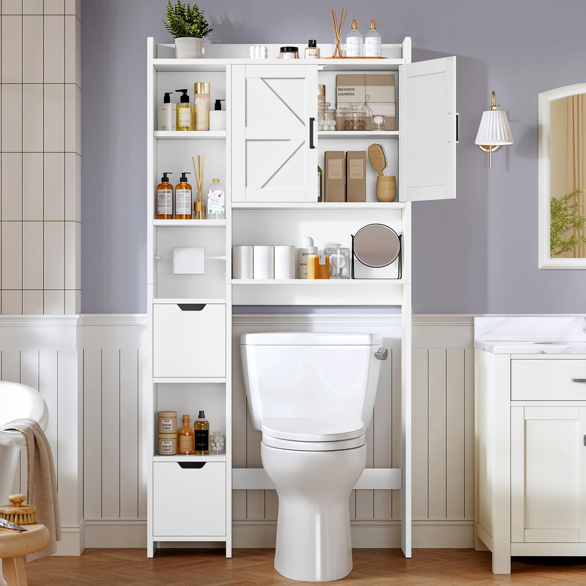 White Over the Toilet Storage Cabinet with 2 Removable Drawers D368