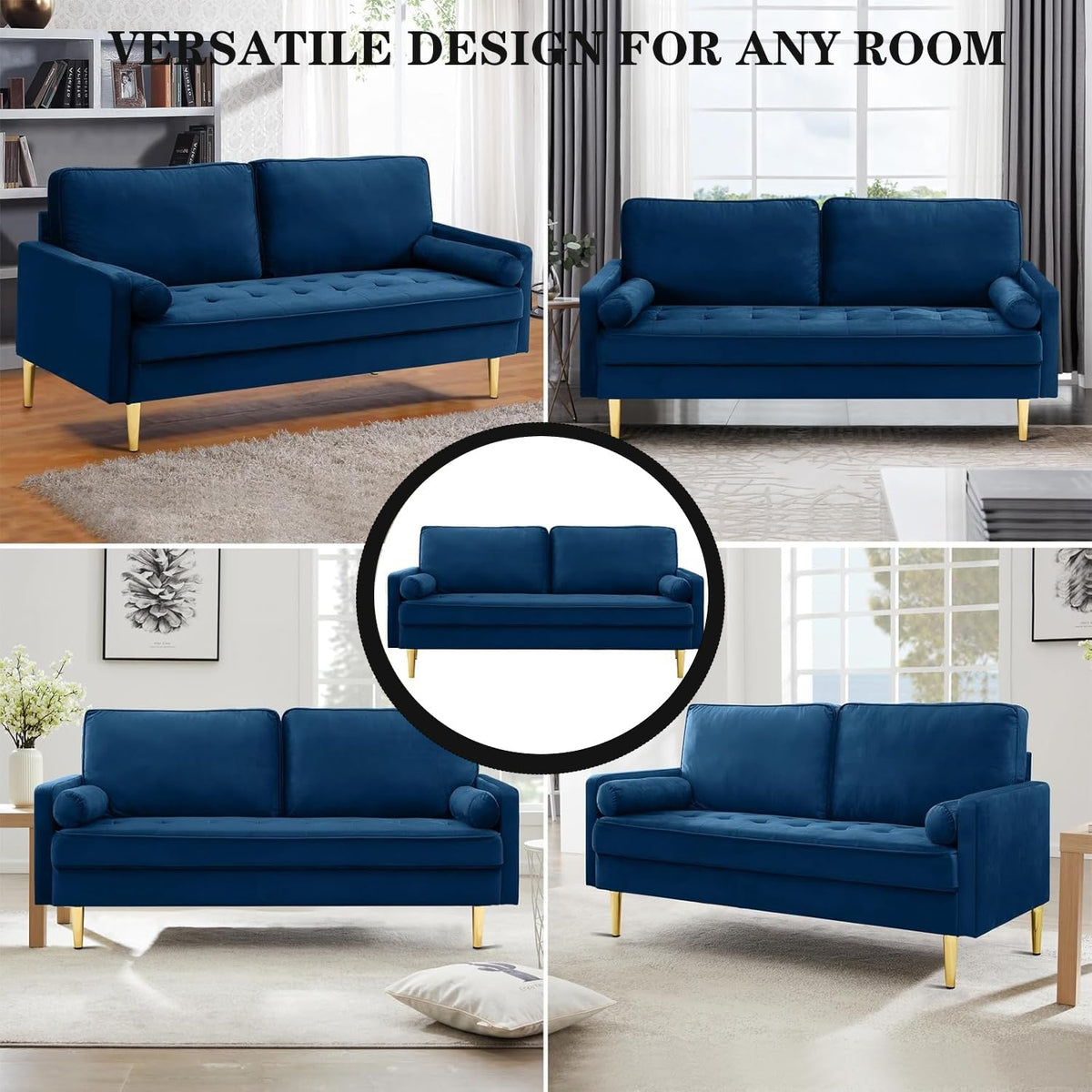 Navy Velvet 2-Seater Loveseat Sofa with Metal Legs G488294