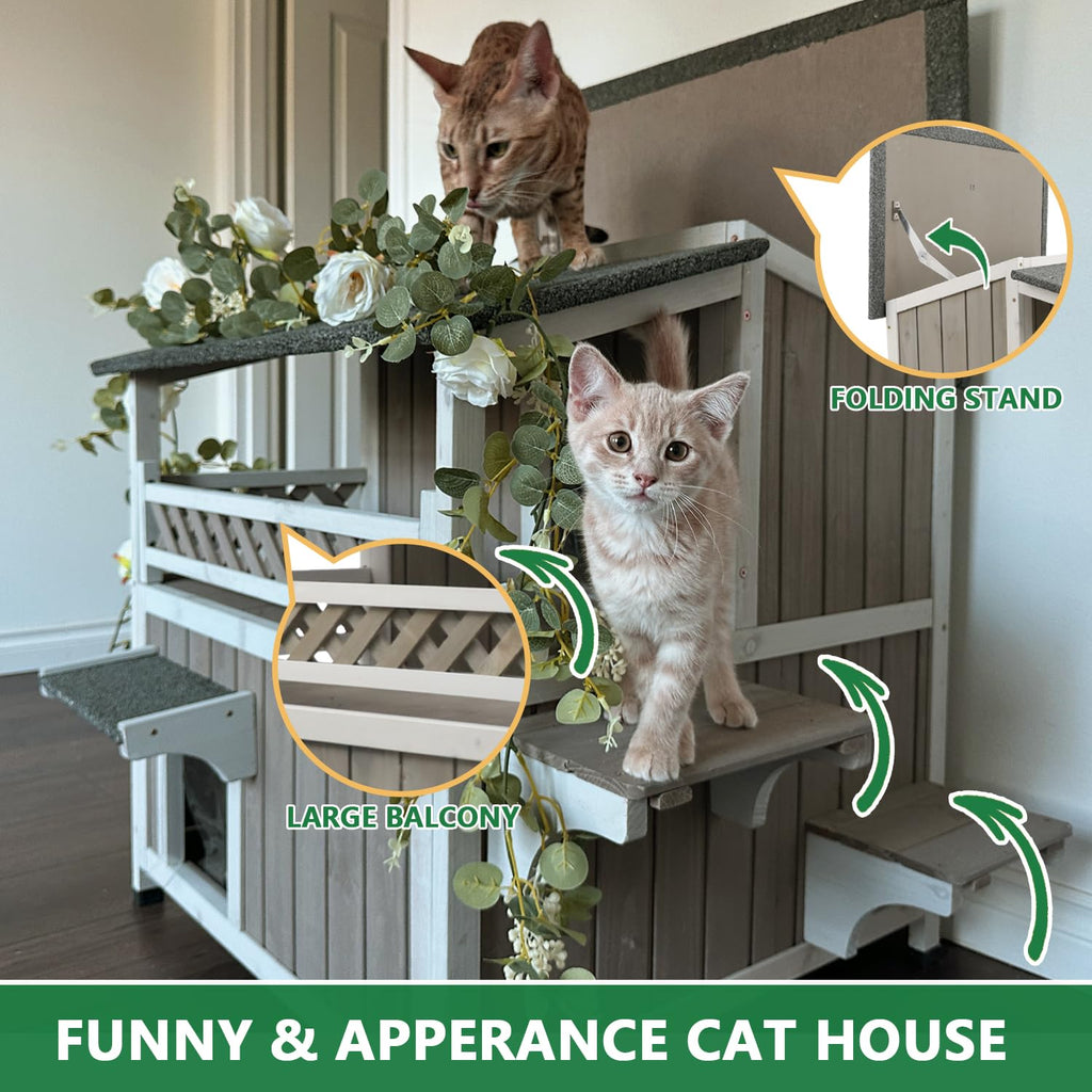 Weatherproof 2-Story Outdoor Cat House with Balcony V276