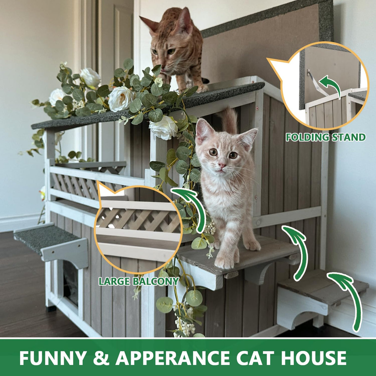 Weatherproof 2-Story Outdoor Cat House with Balcony V276