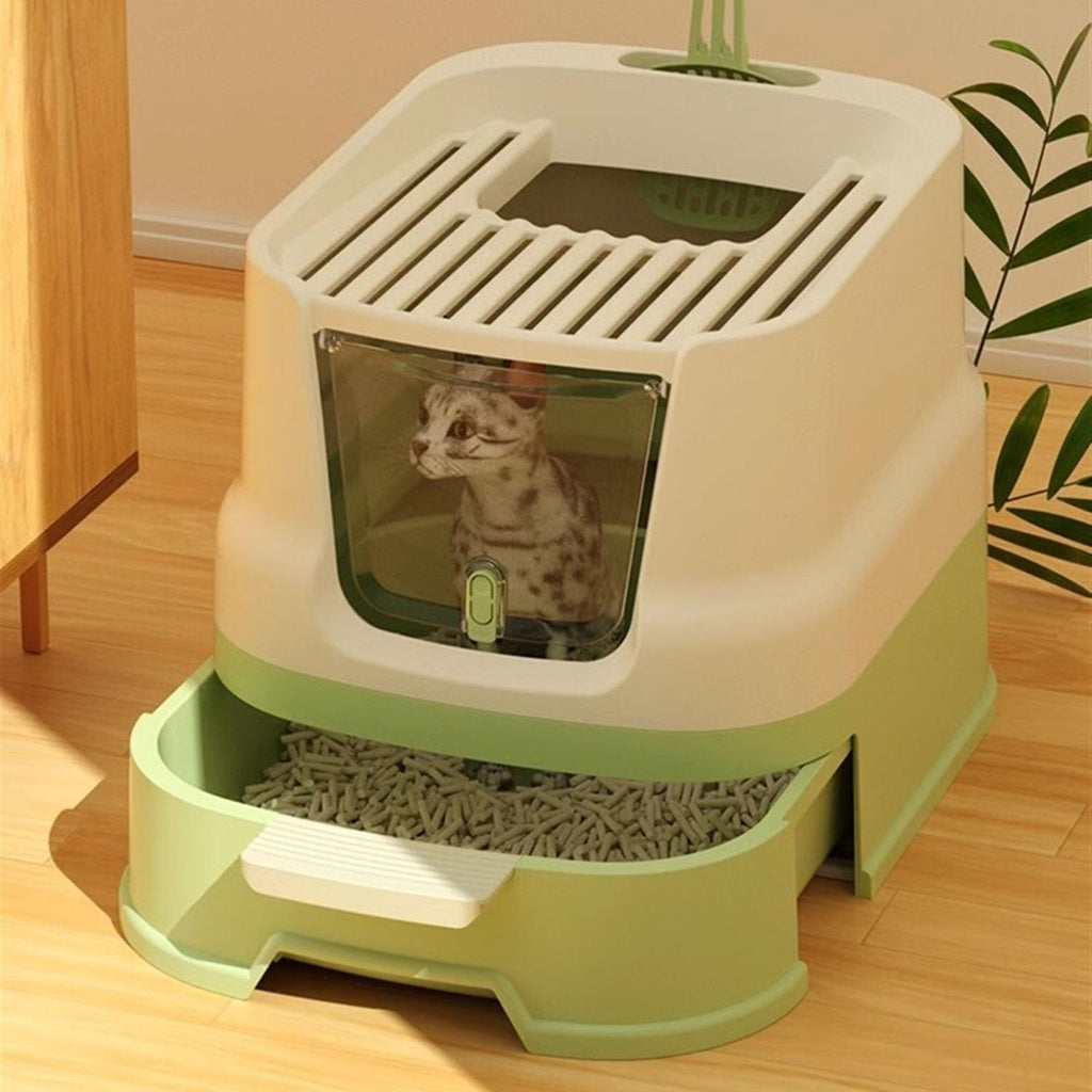 Cat Litter Box with Lid, Top Entry with Scoop, Enclosed Plastic with Drawer J8531