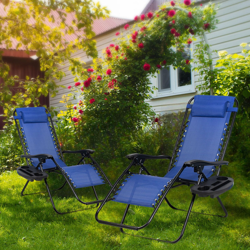 Set of 2 Adjustable Steel Mesh Zero Gravity Lounge Chairs with Pillow and Cup Holder F839630