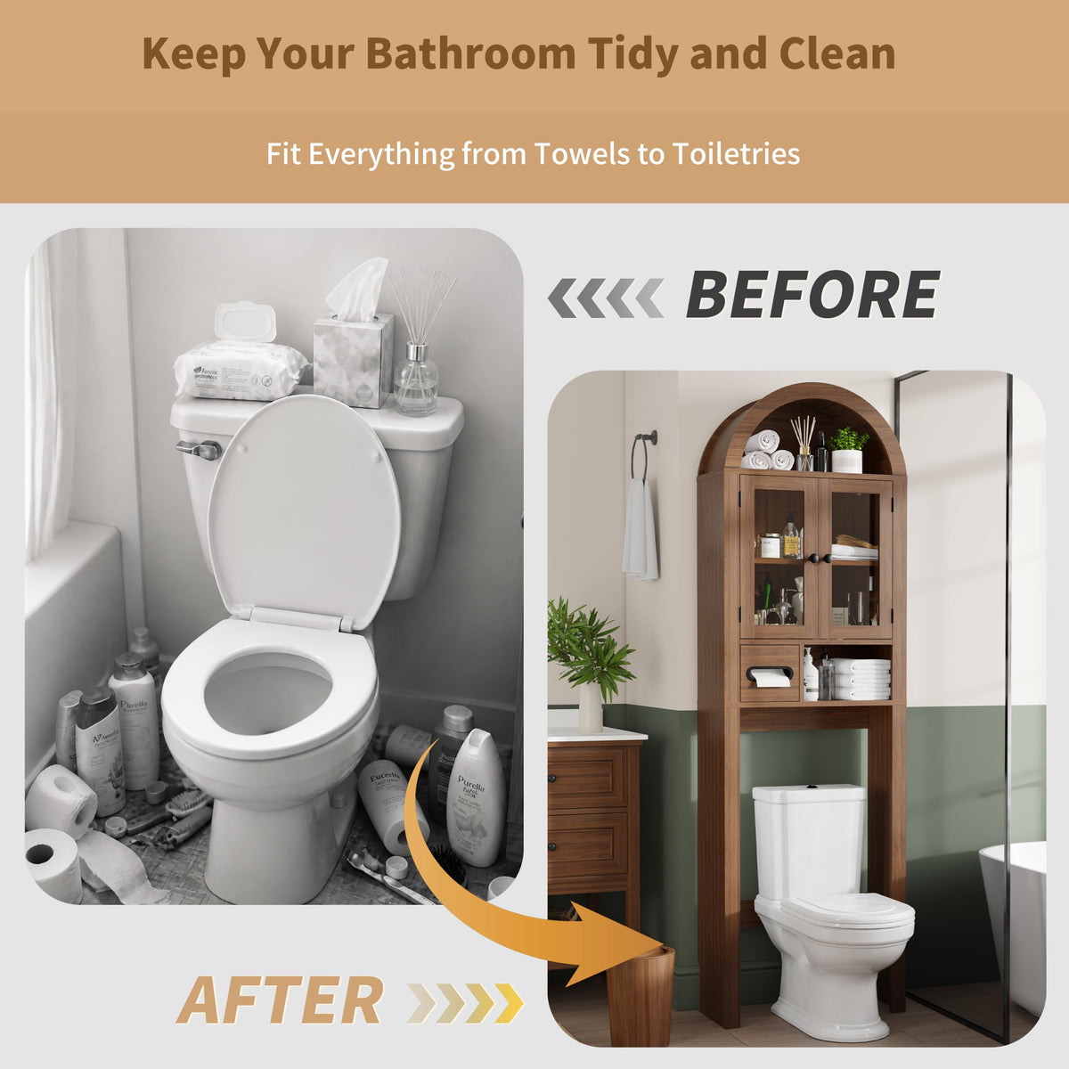 Arched Over the Toilet Storage Cabinet with Tempered Glass Doors E812873