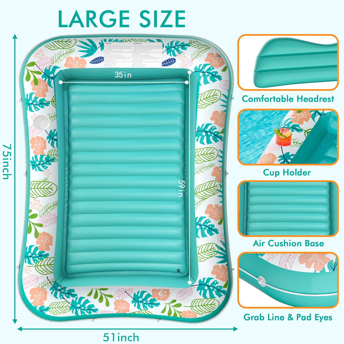 Inflatable Tanning Pool Lounger 75" x 51" Green Y189