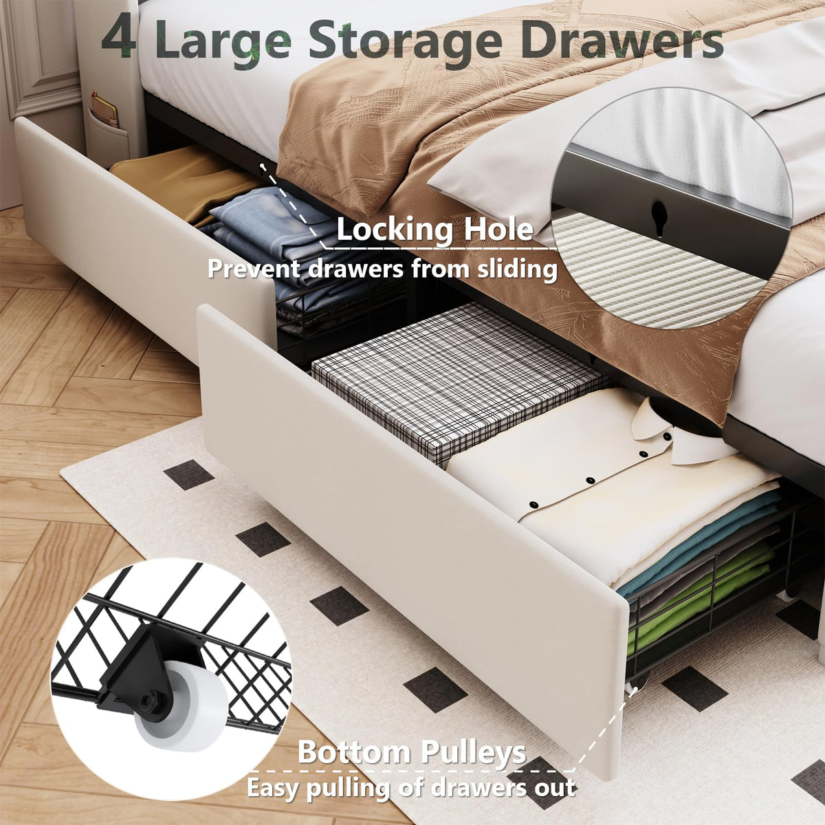 Beige Upholstered Full Size Bed Frame with 4 Drawers and Storage Headboard X40619