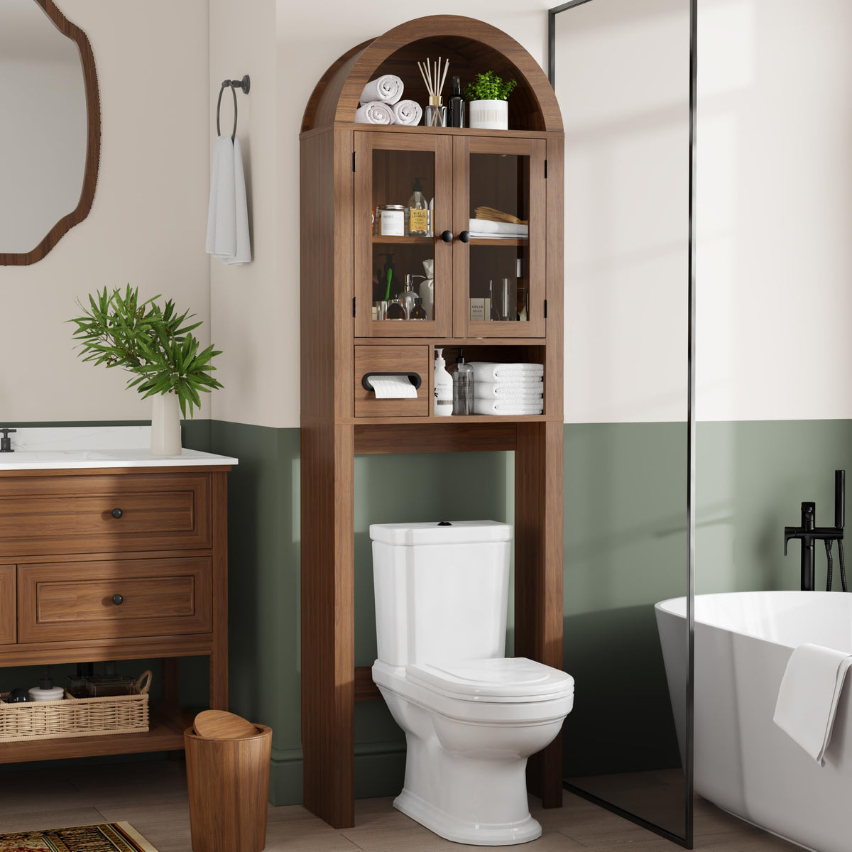 Arched Over the Toilet Storage Cabinet with Tempered Glass Doors E812873