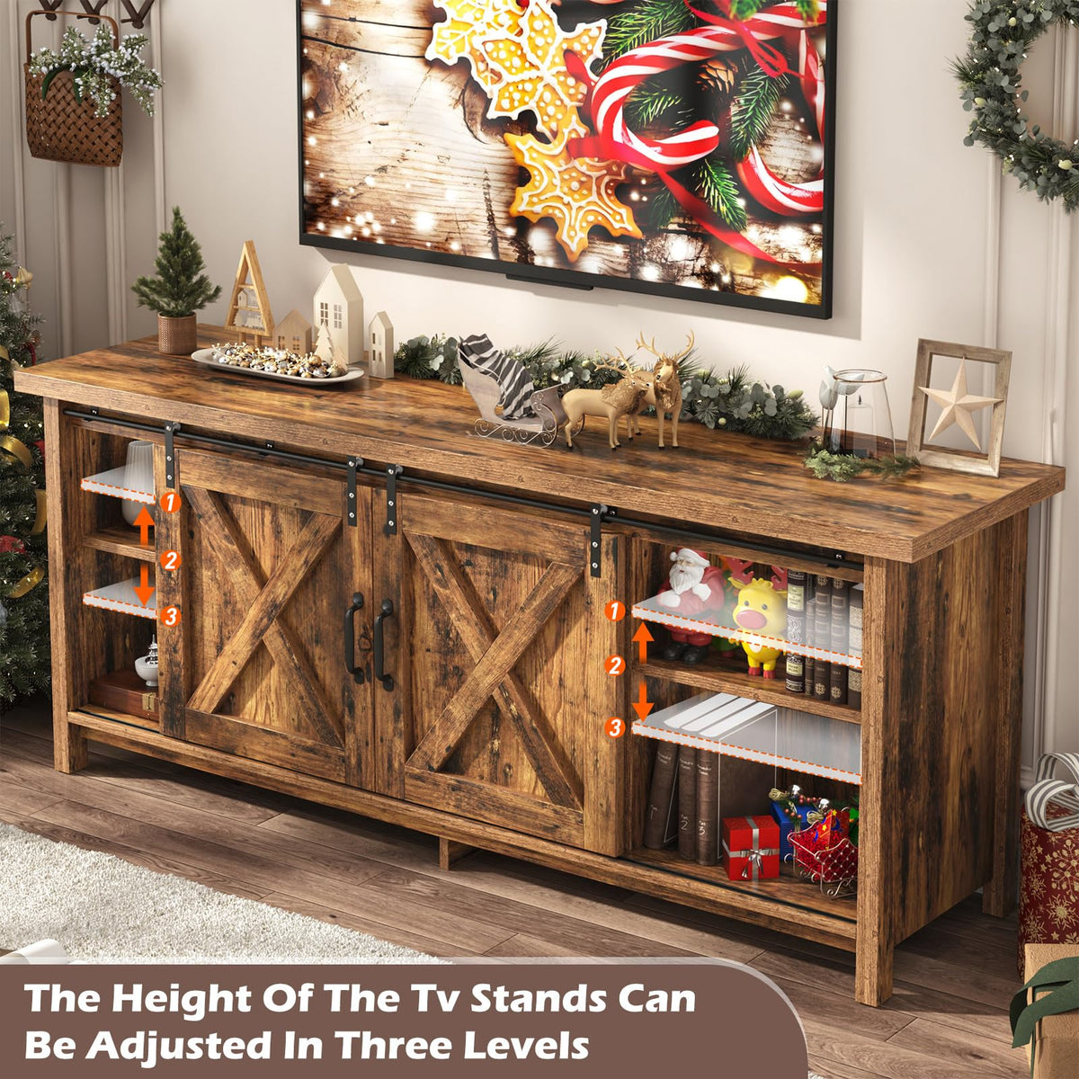 65 Inch Brown Wood TV Stand with Sliding Barn Door H26024