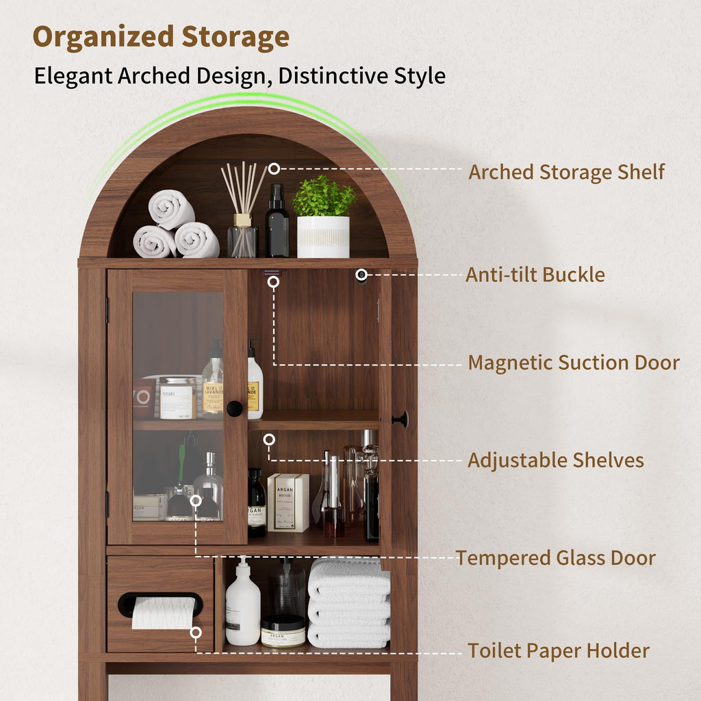 Arched Over the Toilet Storage Cabinet with Tempered Glass Doors E812873