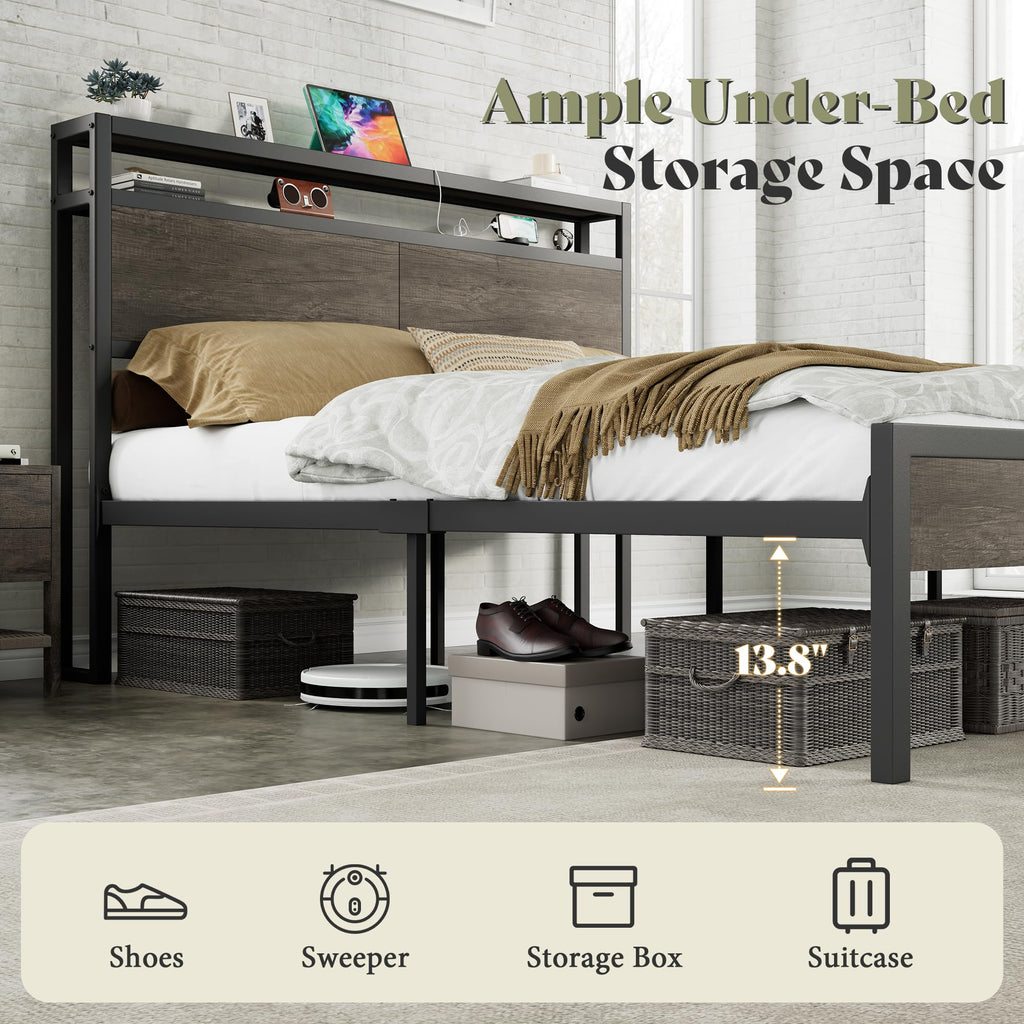 Full Size Metal Bed Frame with Charging Station H355473