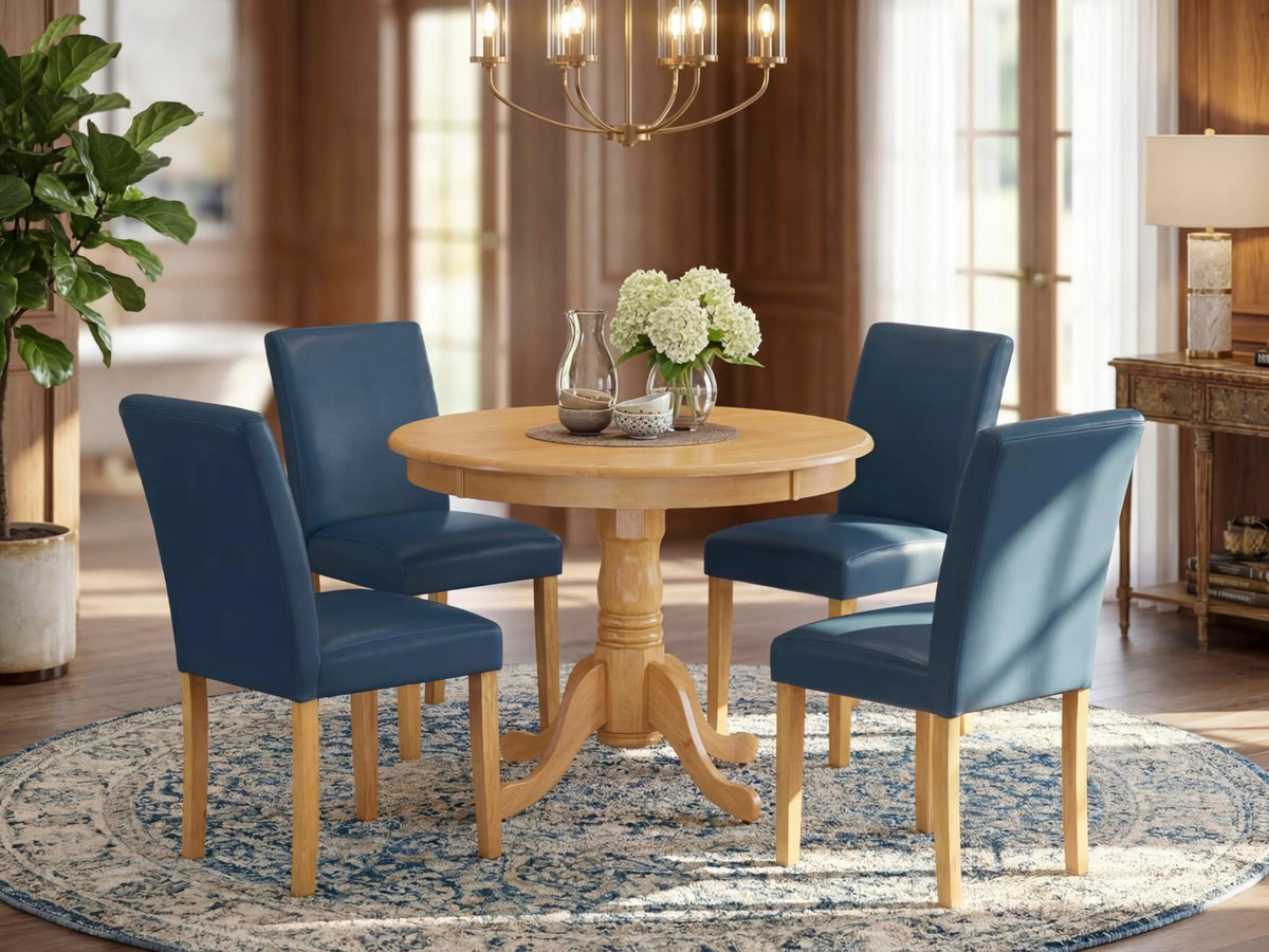 5 Piece Oak Dining Table Set with 4 Blue Faux Leather Chairs G1035